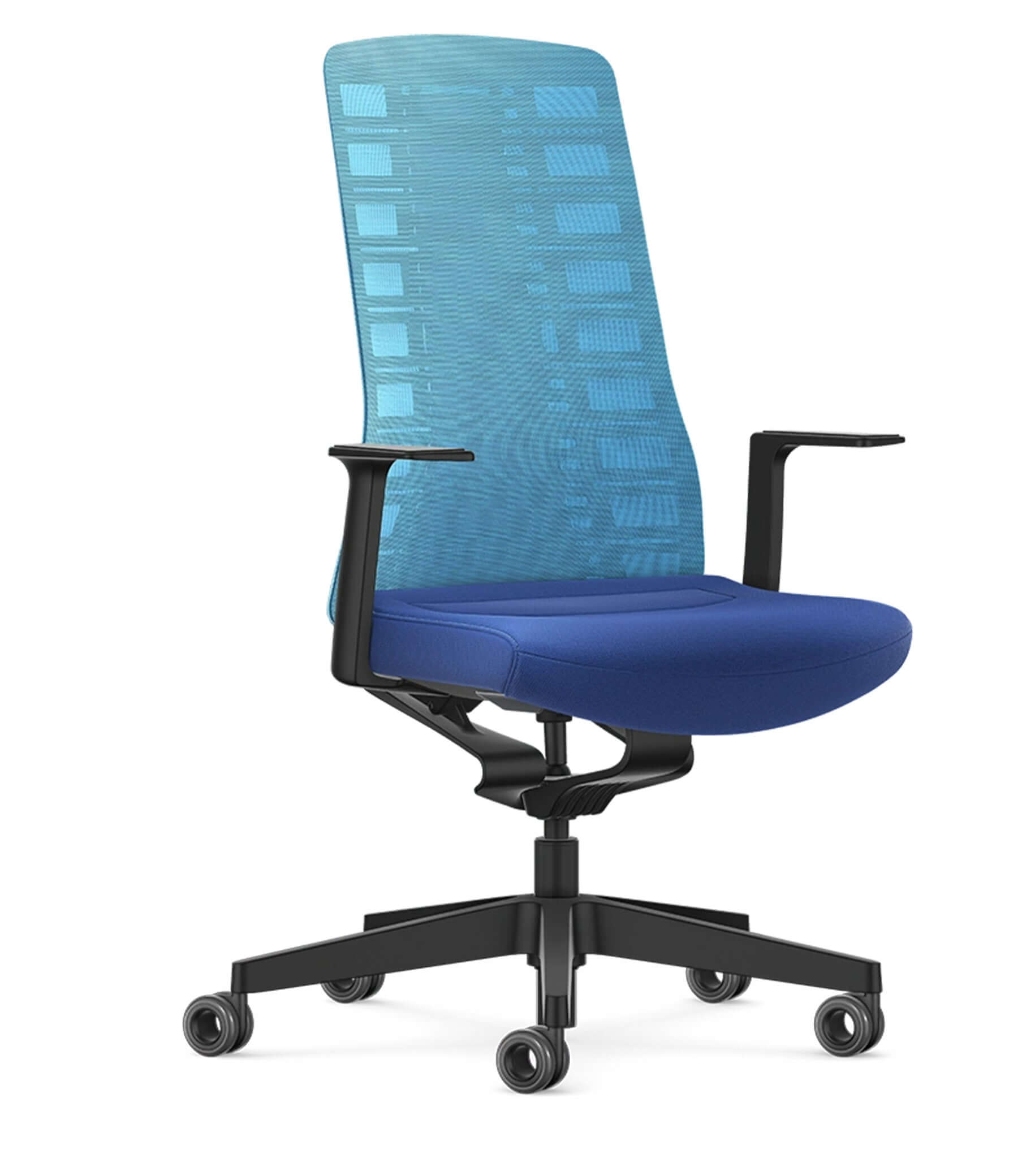 Light blue mesh chair with Smart-Spring technology, ergonomic design, fixed T-armrests, ideal for active sitting and spinal health.
