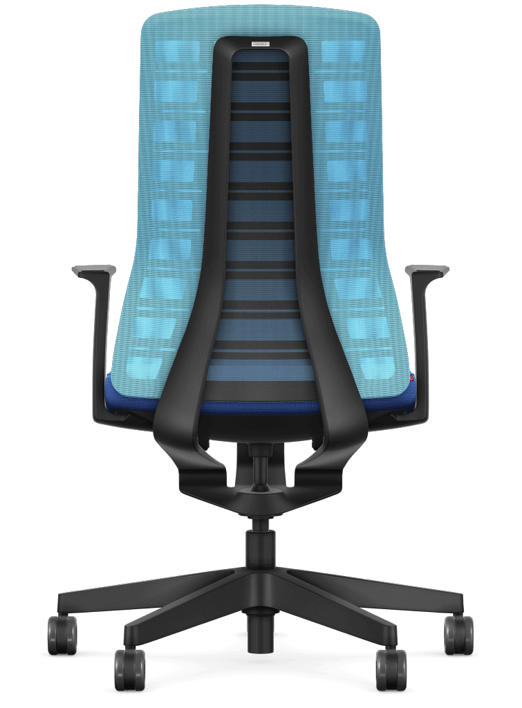 Light blue mesh office chair with Smart-Spring technology, ergonomic design, and fixed T-armrests for active sitting and mobility.