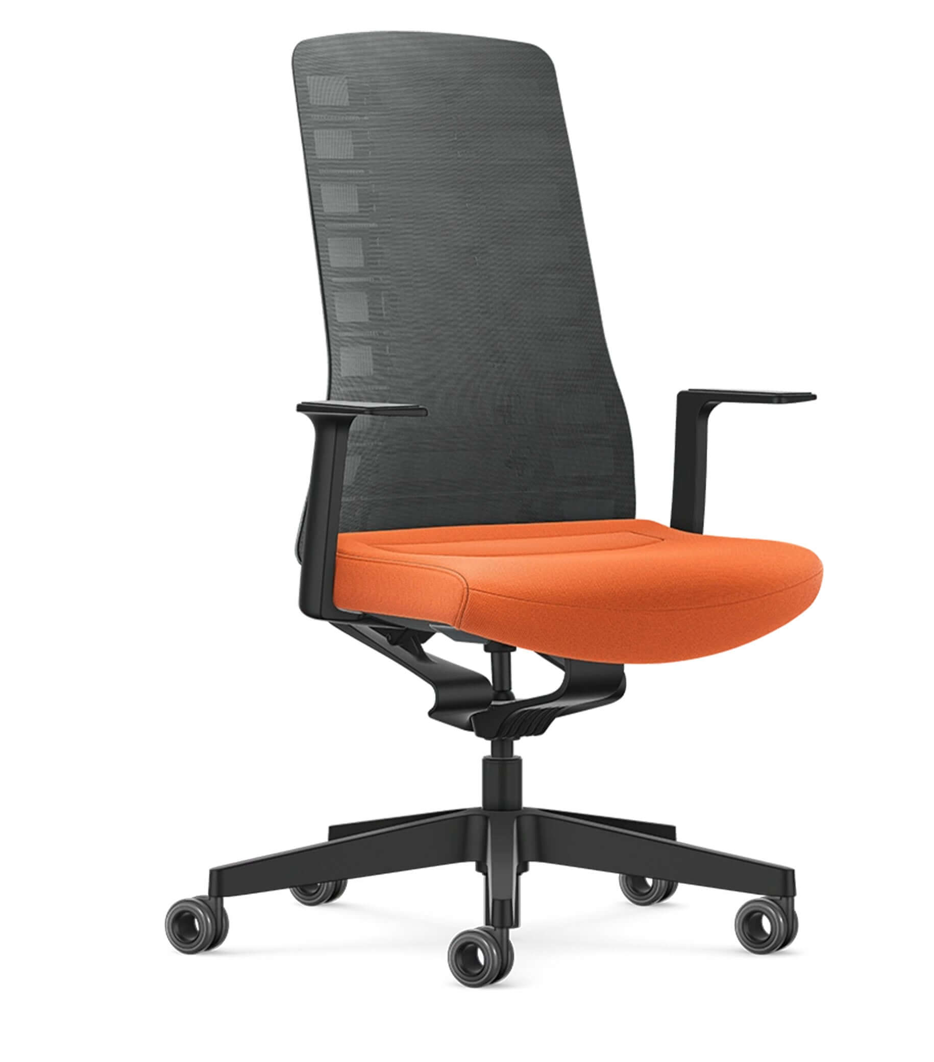 Modern office chair with anthracite mesh back and orange seat featuring Smart-Spring technology for ergonomic sitting and mobility.