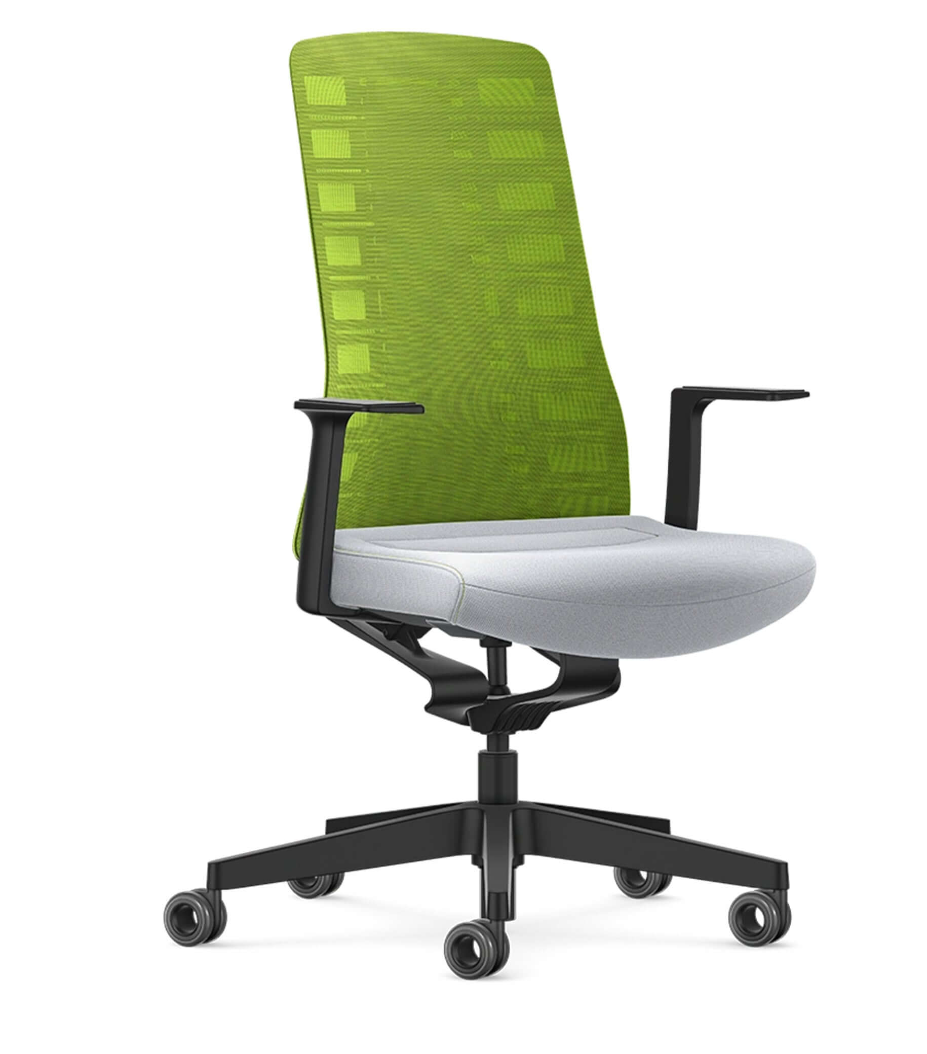 Green mesh ergonomic chair with Smart-Spring technology, fixed T-armrests, and modern design for enhanced movement and comfort.