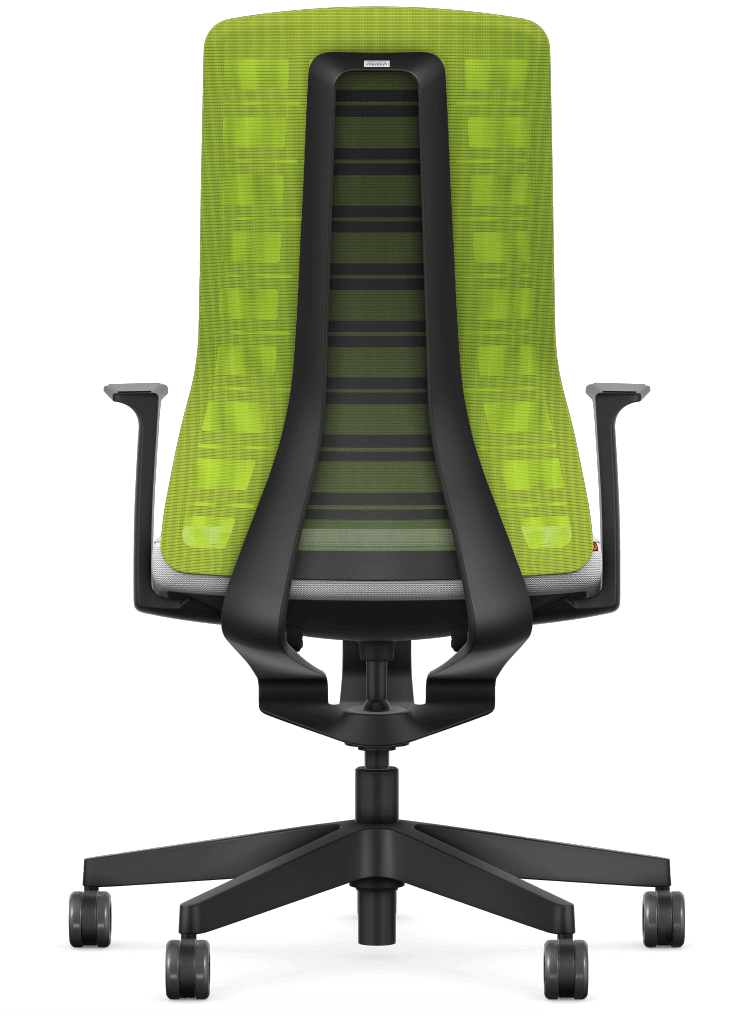 Ergonomic chair with green mesh back and T-armrests featuring Smart-Spring technology for active sitting and enhanced movement.