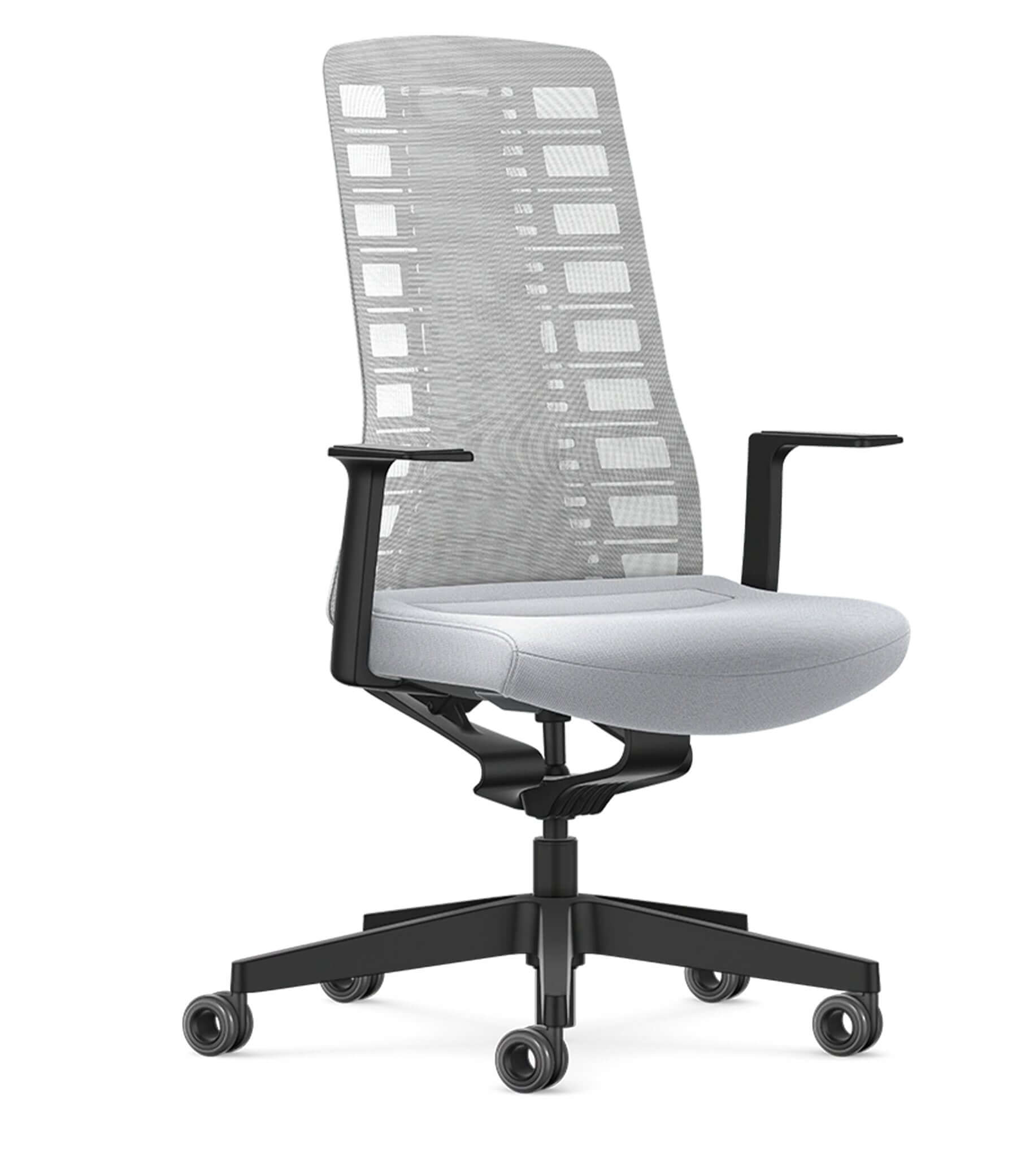 PURE ACTIVE Edition #10 chair with Smart-Spring technology, white mesh back, fixed T-armrests, ergonomic design for active sitting.