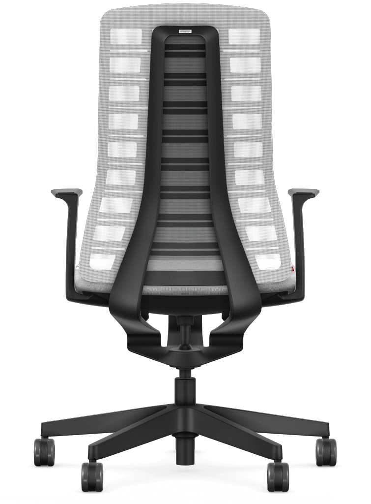 White mesh back chair with Smart-Spring technology, ergonomic design, fixed T-armrests, promoting active sitting and movement.