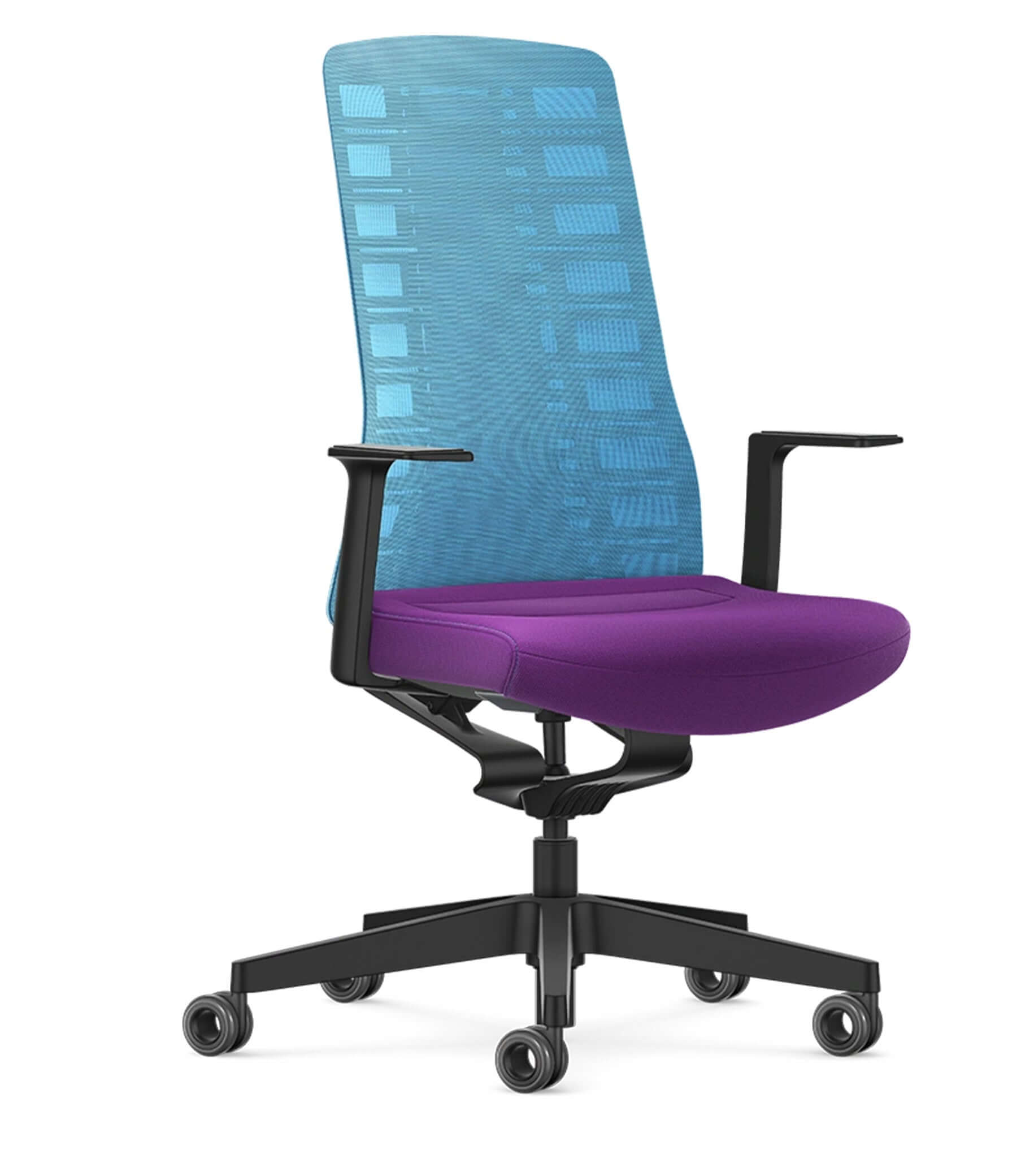 Light blue mesh ergonomic chair with Smart-Spring technology, purple seat, fixed T-armrests, and black caster wheels.