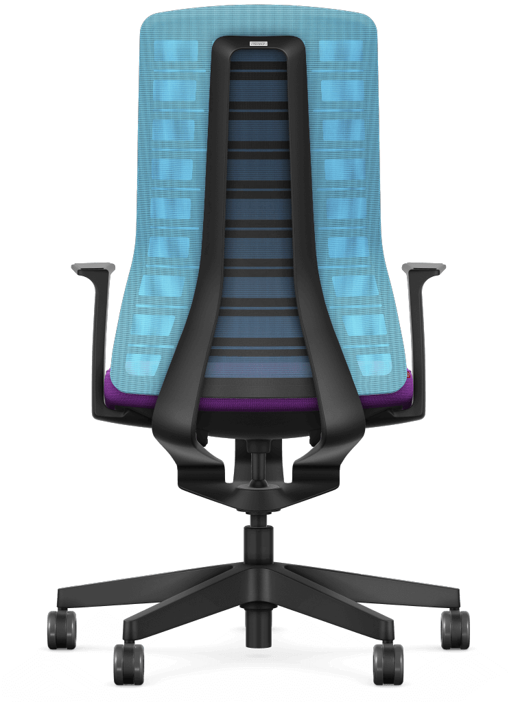 Light blue mesh ergonomic chair with Smart-Spring technology for active sitting and mobility. Features fixed T-armrests, PURE ACTIVE Edition #12.