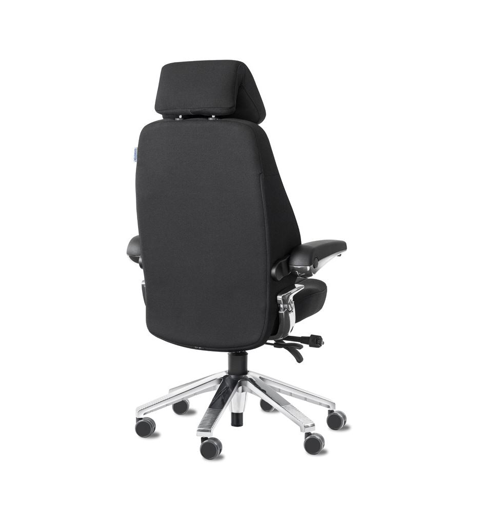 Svenstol S5 24/7 tuoli, musta, takaosa, ergonominen, mukautuva selkänoja, sopii ohjaamotyöhön.