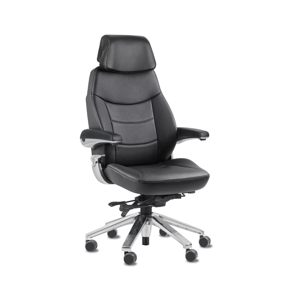 Svenstol S5 24/7 -tuoli, musta nahka, ergonominen muotoilu, 6-pisteinen pääntuki, sopii ohjaamotyöhön.