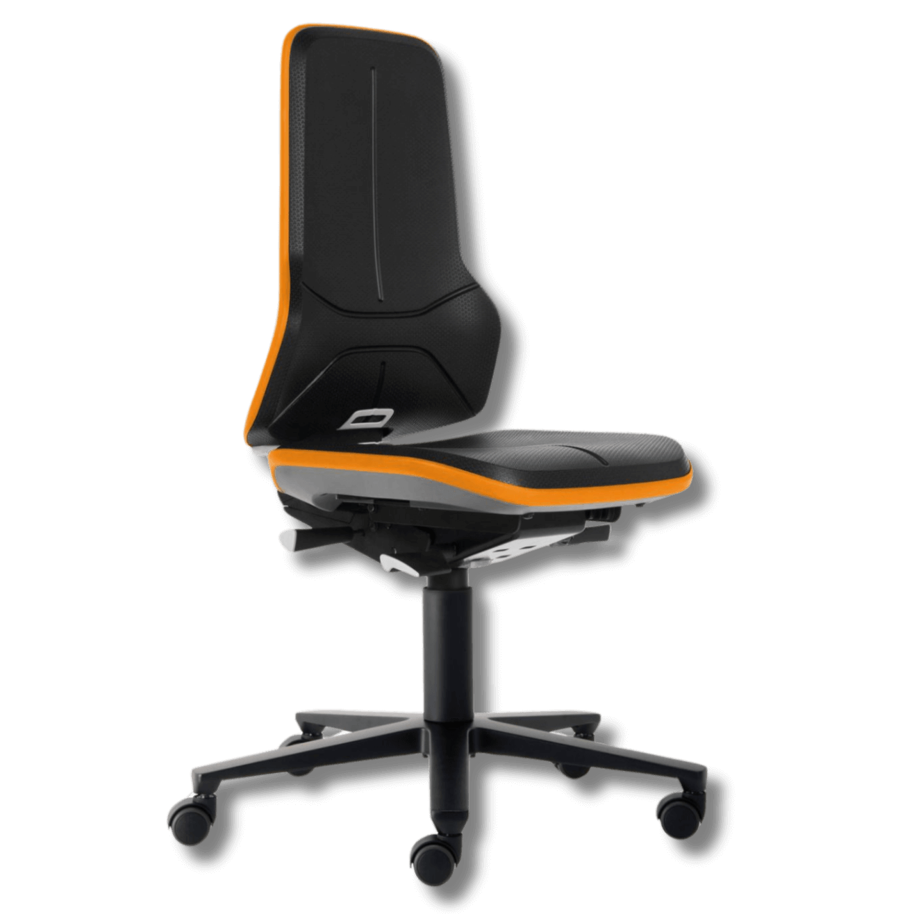 Ergonomic Neon 2 workplace chair with tilting backrest for industrial use, black and orange design with high adjustability.