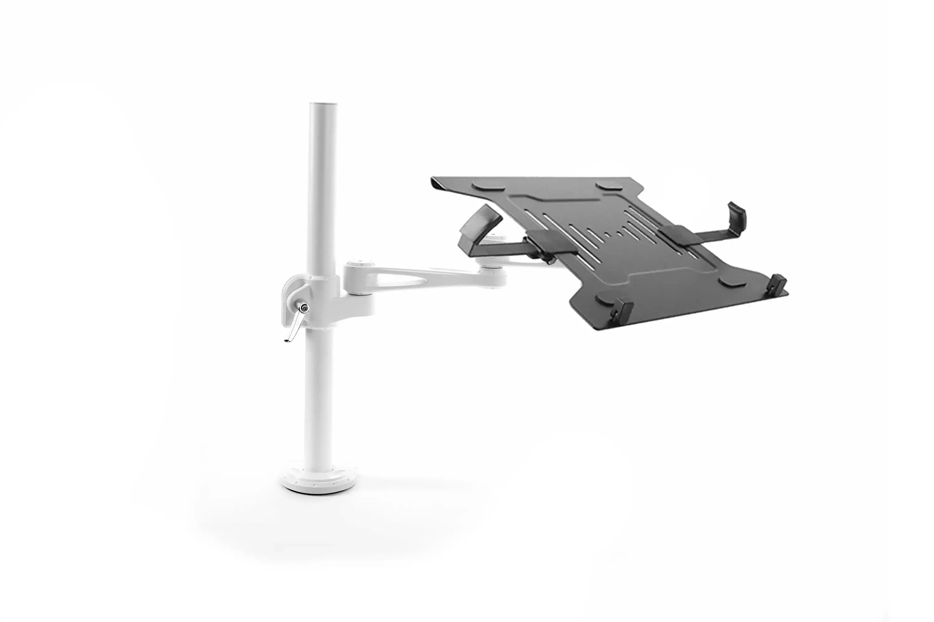 White adjustable monitor arm with black laptop stand, height adjustable, cable management, and 360-degree rotation.
