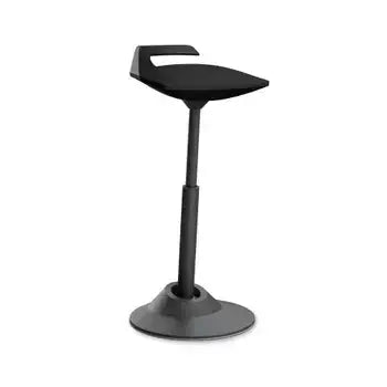 Muvman active chair in black microfiber with adjustable height and carrying handle for versatile sitting and standing positions.