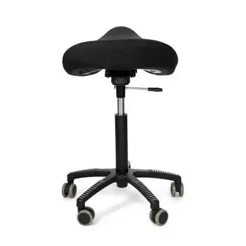Black Soft Swing saddle chair with contoured seat, promotes good posture and active sitting for health benefits.