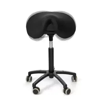 Soft Swing saddle chair in black fabric with contoured cushion, shows ergonomic design for improved posture and active sitting.