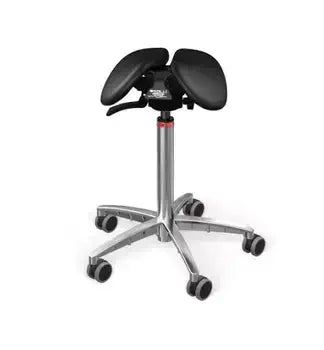 Ergonomic Small SwingFit saddle chair with adjustable seat and wheels for office use, promoting back and abdomen muscle engagement.