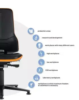 Neon 2 work chair features for production, research, and ergonomic workplace demands.