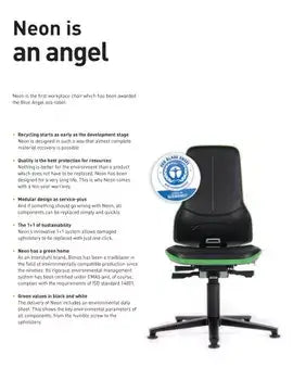 Neon 2 work chair with Blue Angel certification highlighting eco-friendly features and ergonomic design benefits.