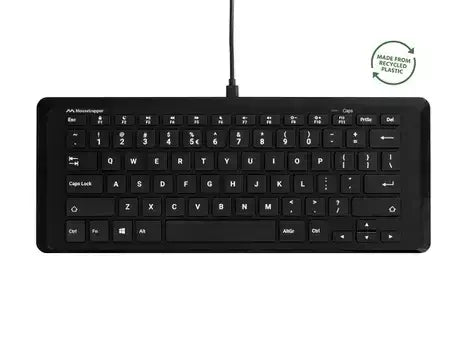 Compact Type Mini keyboard made from recycled plastic, featuring a sleek black design and ergonomic key layout.