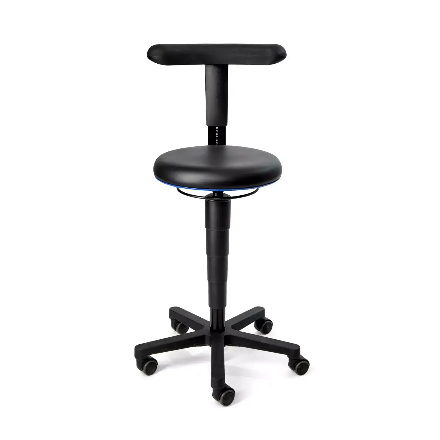 CleanErgo Stool in artificial leather with ergonomic design, ideal for industrial workplaces, by Bimos.