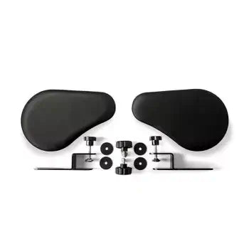 Universal 2-part arm support in black artificial leather with ergonomic design and mounting hardware.
