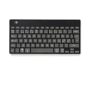 Black Ergo-R wireless mini keyboard with ergonomic design for comfortable typing and reduced strain, top view.