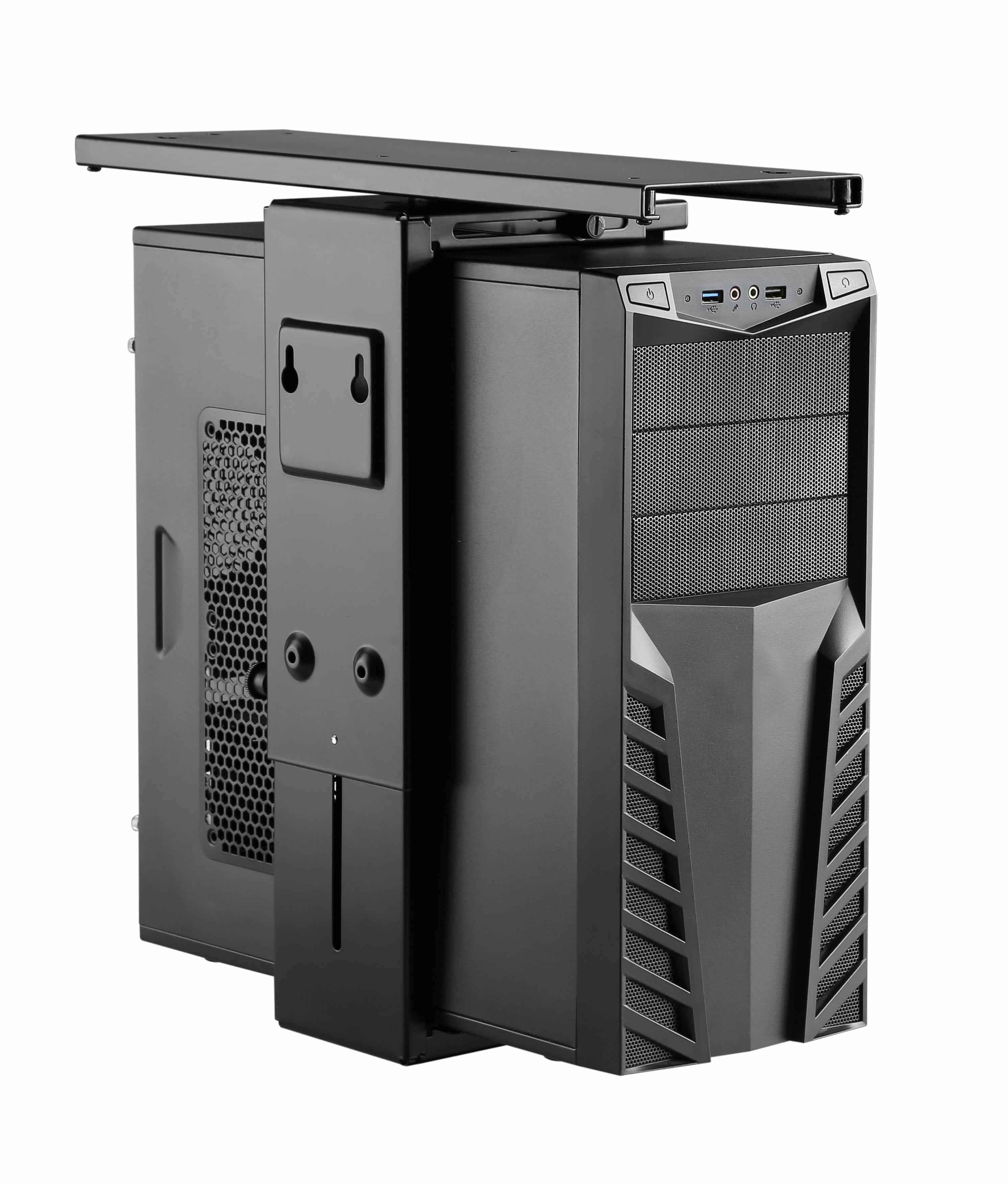 Black swivel CPU stand securely holds a desktop tower under a desk, optimizing workspace organization.