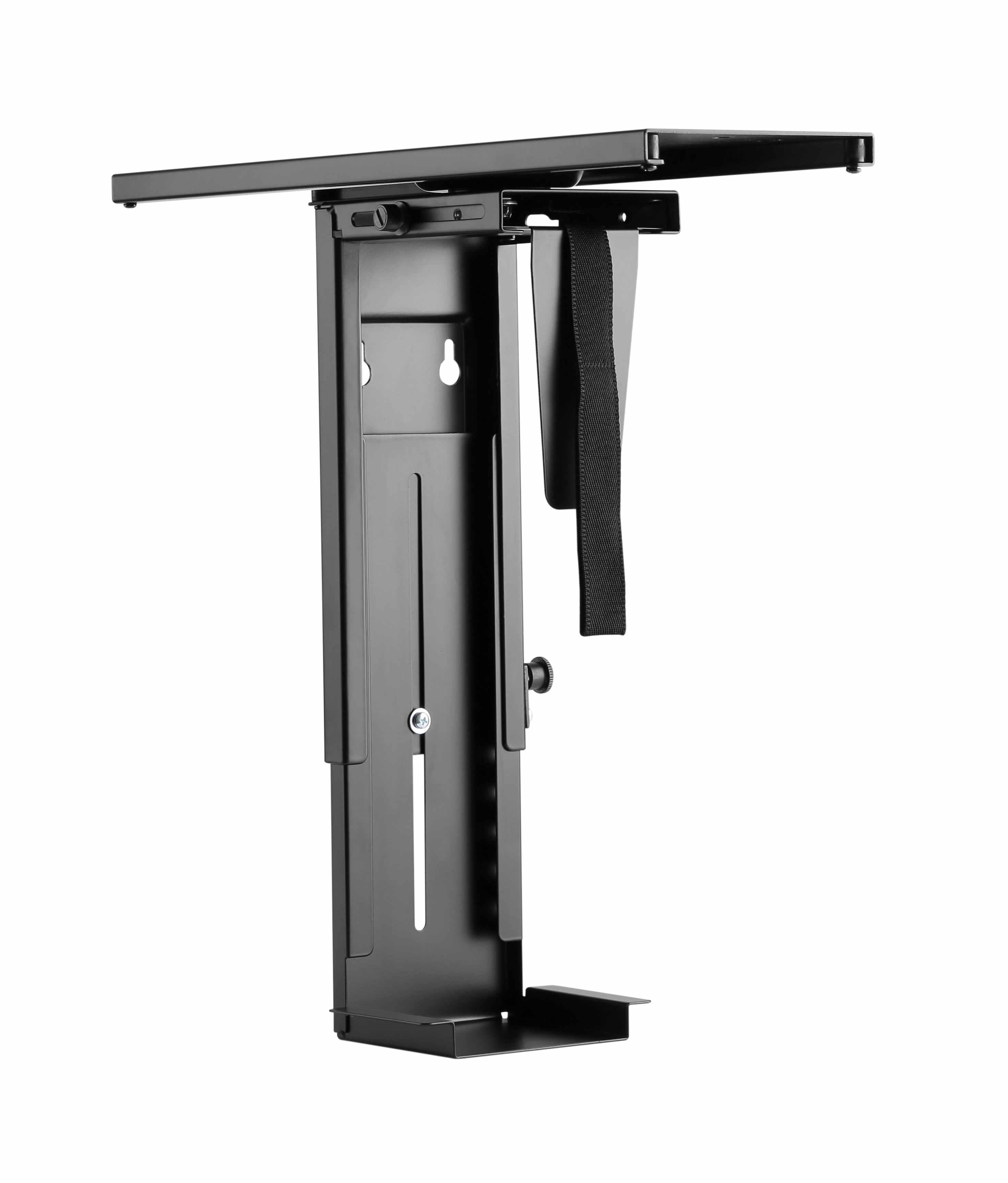 Black swivel CPU stand for desk organization with secure construction and quick installation.