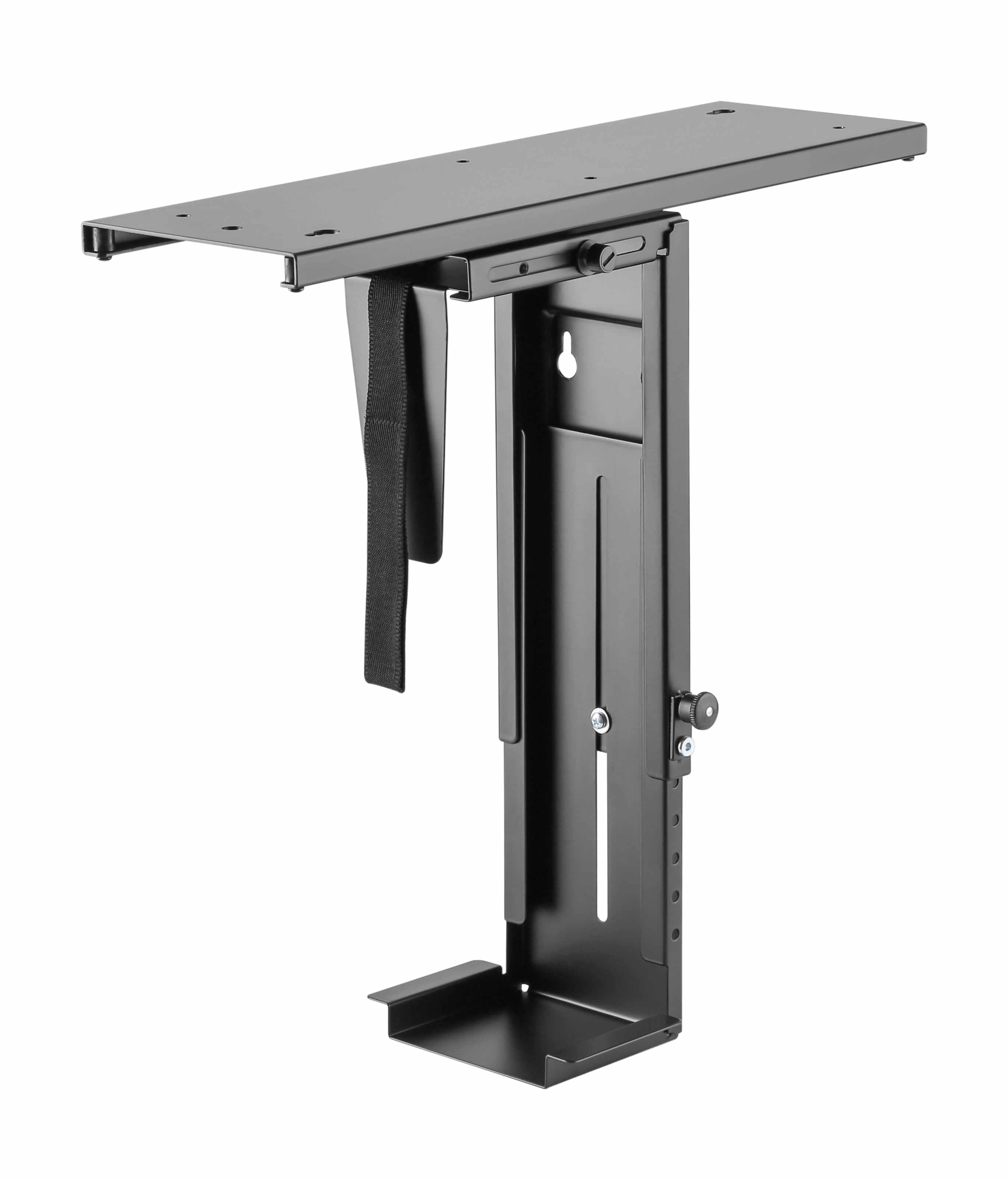 Black swivel CPU stand for desk organization with secure construction and adjustable width for easy under-desk installation.