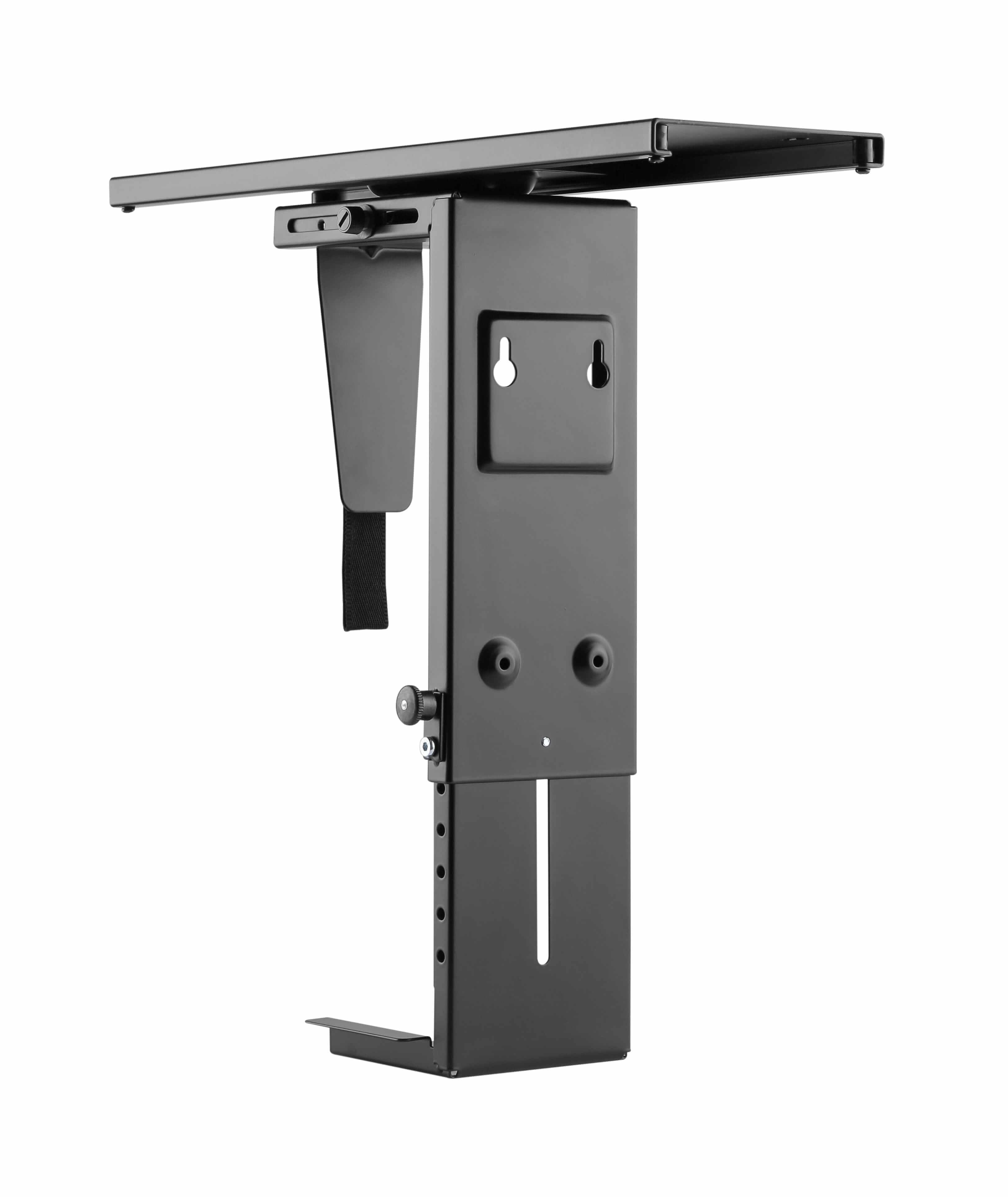 Black swivel CPU stand for desk organization, stable construction, easy installation, fits devices minimum width 90 mm.