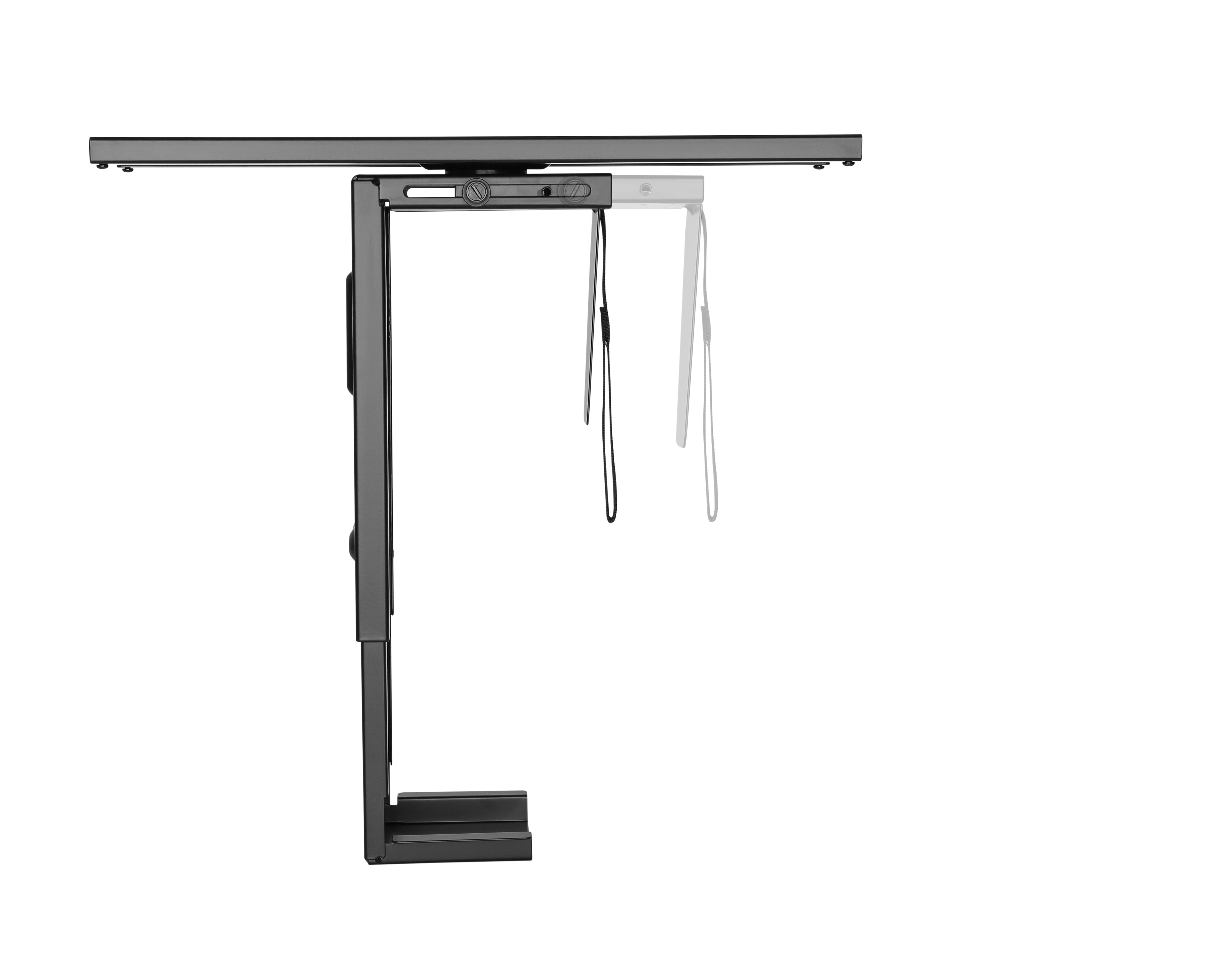 Black swivel CPU stand securely attached under a desk for workspace organization and space-saving.