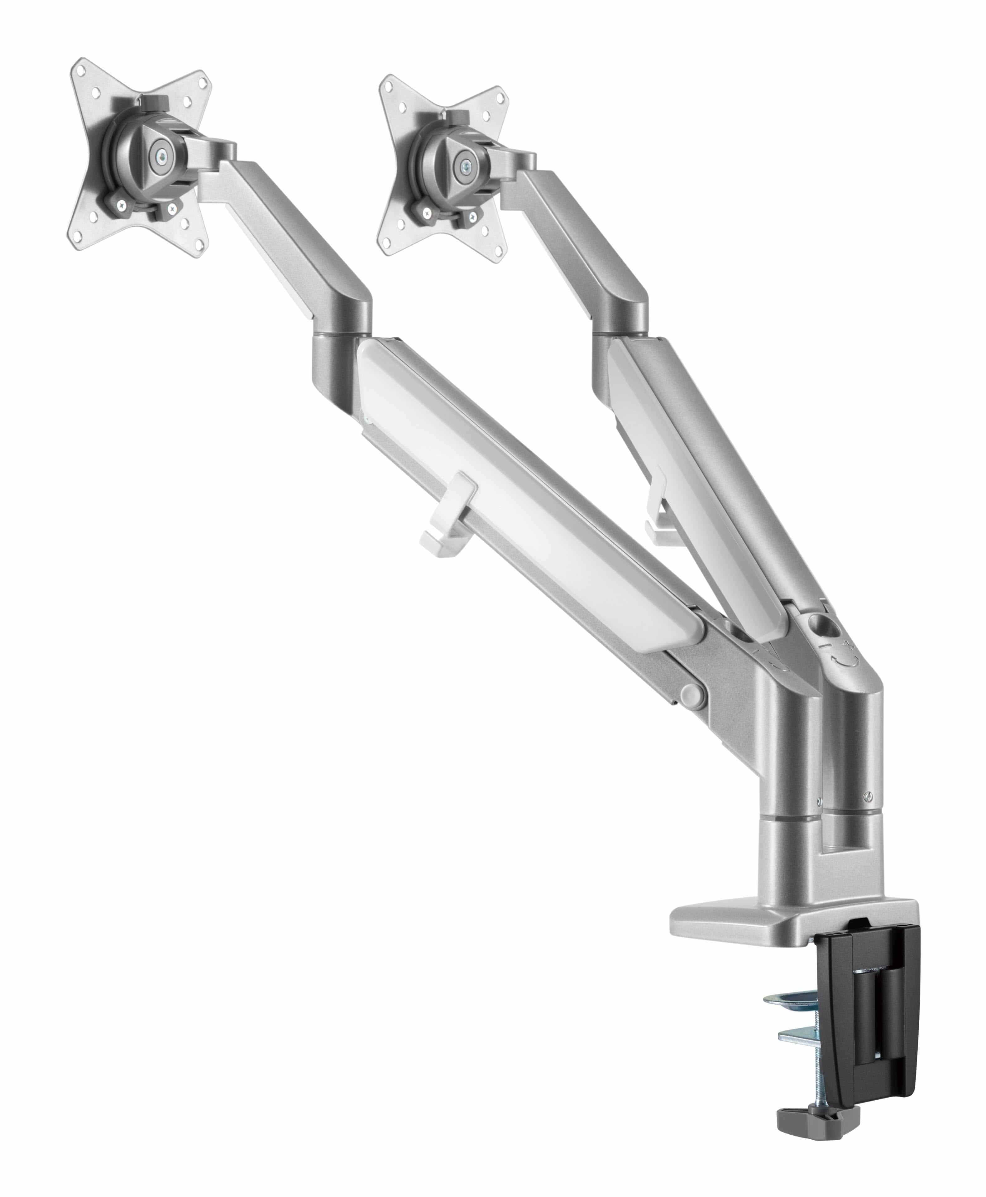 Dual monitor arm by ErgoFinland in grey with gas spring, showcasing robust construction for professional workspaces.