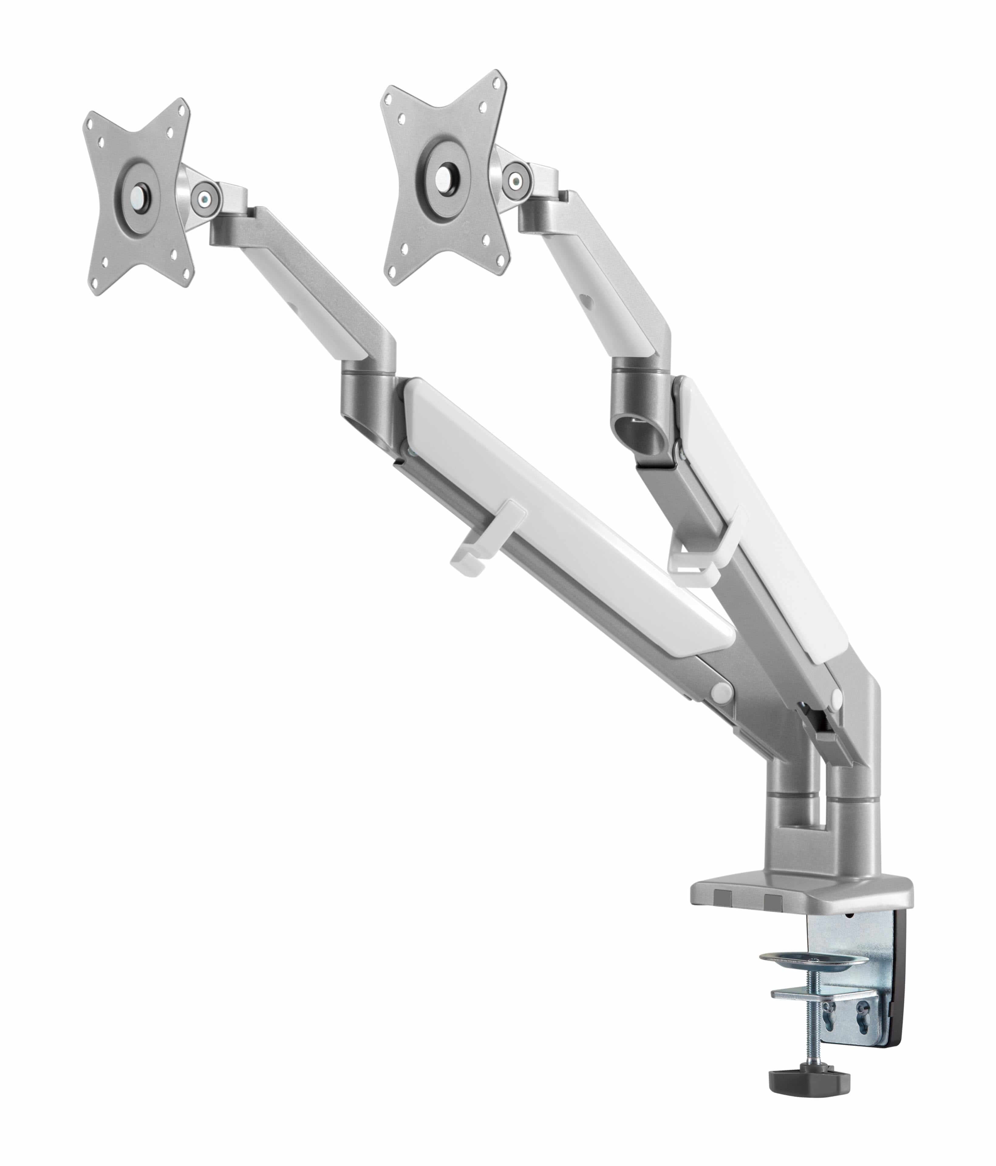 Grey dual monitor arm with gas spring, boosting workspace efficiency and stability for two screens.