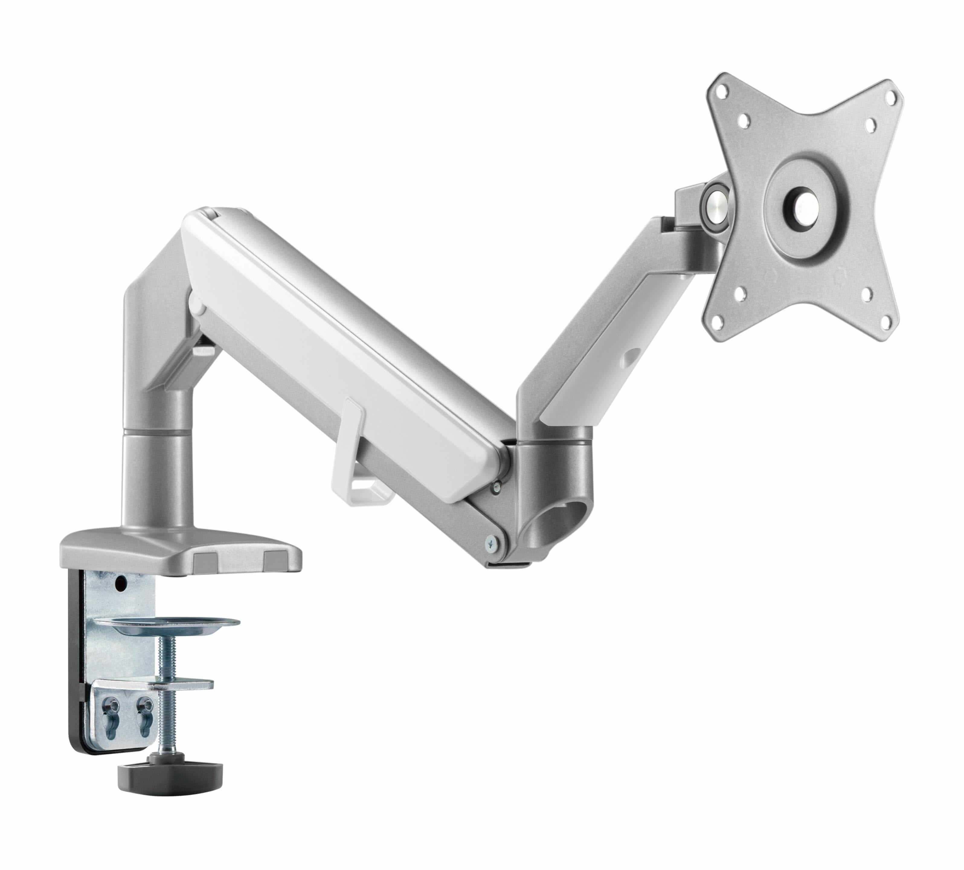 Silver LCD monitor arm with gas spring and three-joint design for ergonomic positioning by ErgoFinland.