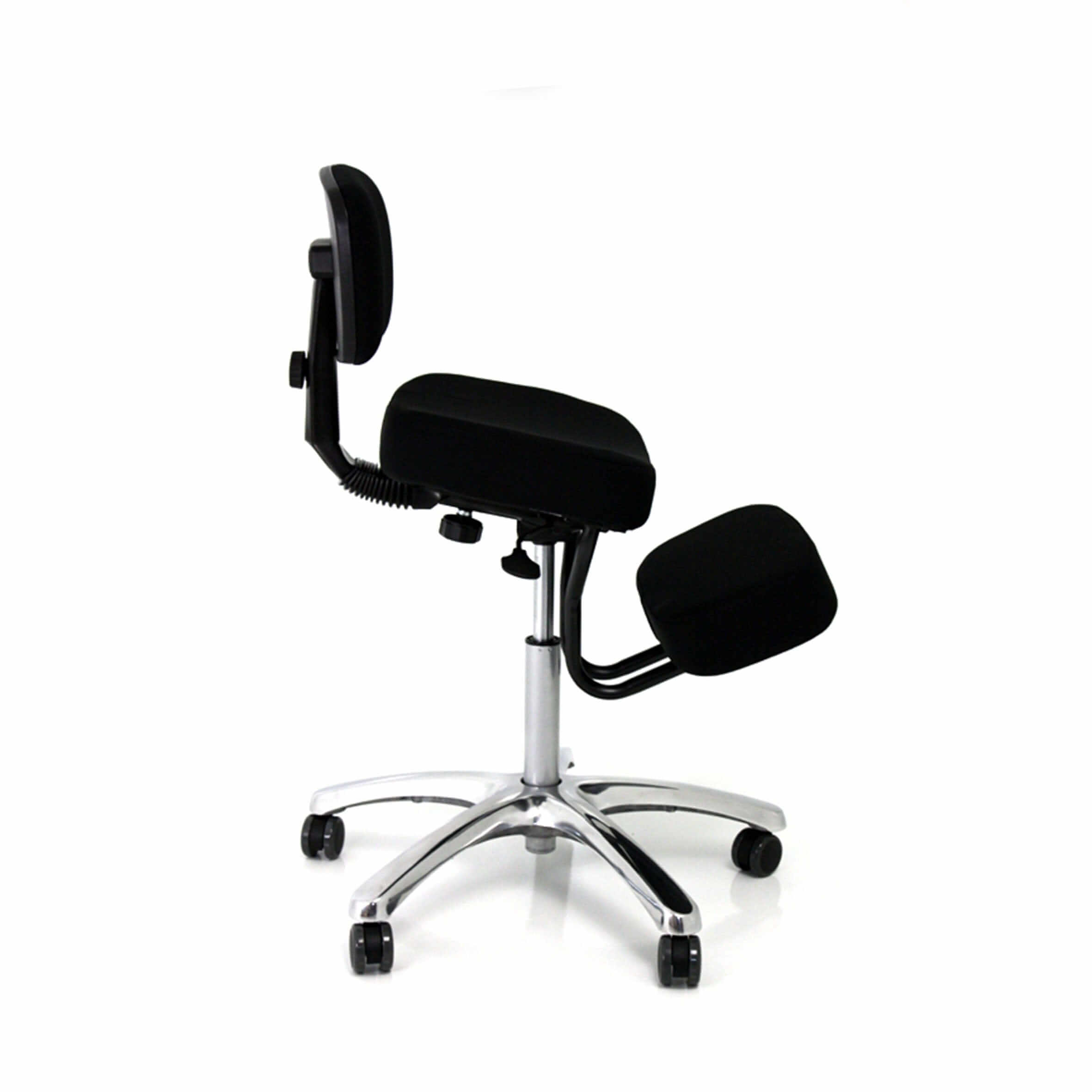Ergonomic black knee chair with back support and chrome base designed for improved posture and reduced strain on neck and back.
