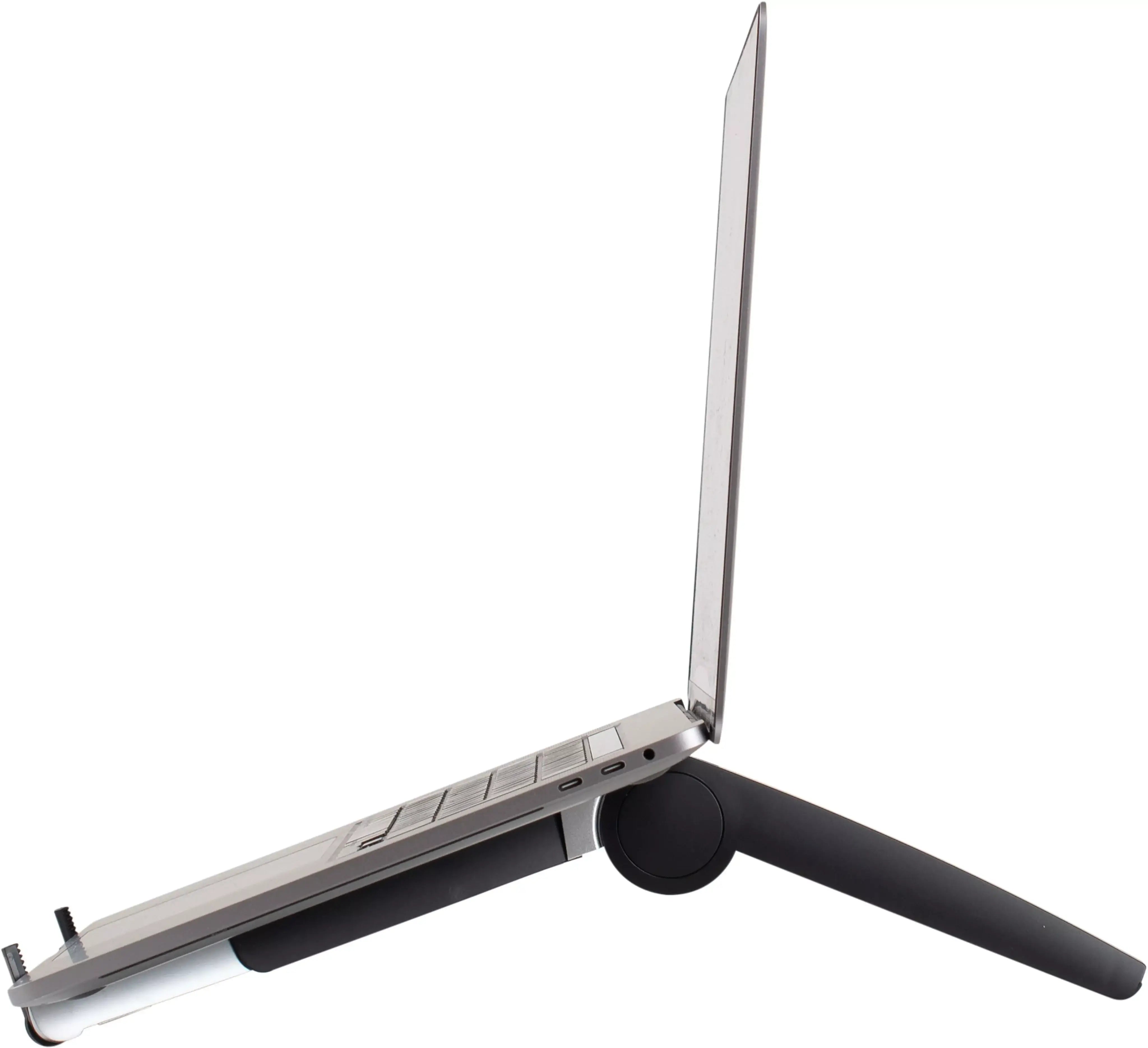 Black ErgoFinland Spider laptop and tablet stand elevating a laptop for improved ventilation and workspace efficiency.