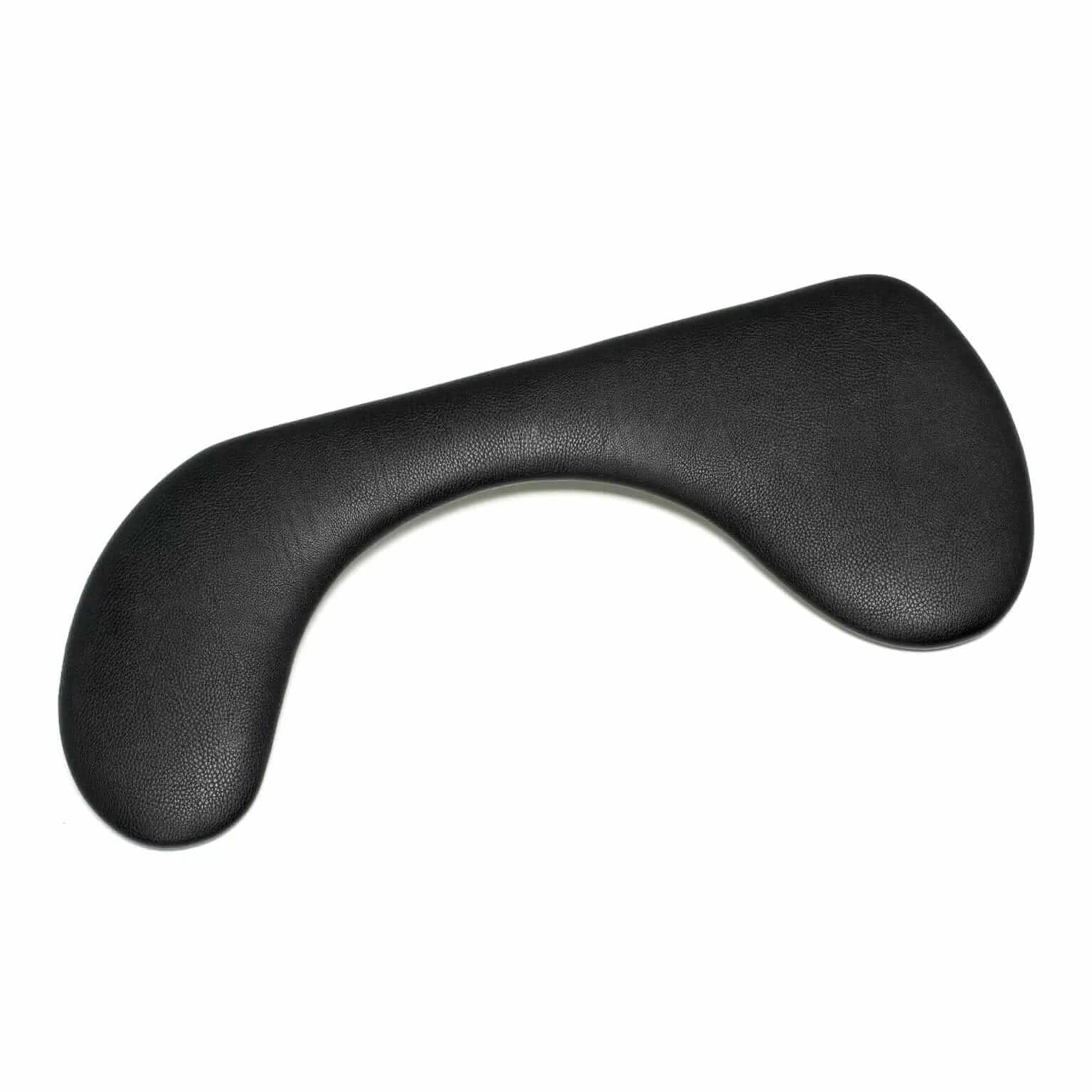 Ergonomic asymmetrical arm support in black artificial leather for desk use, designed to relieve shoulder and neck pain.