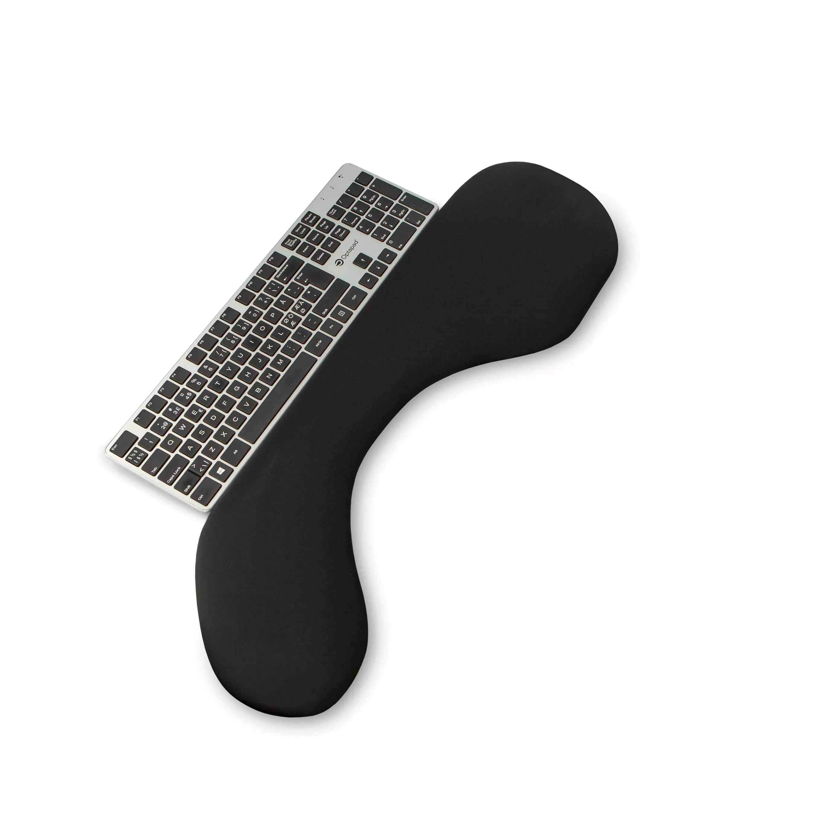 Ergonomic arm support in lycra fabric with keyboard, providing comfort and reducing strain during extended computer work.