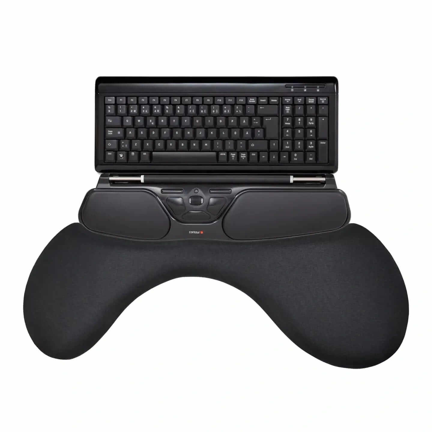 Ergonomic arm support for RollerMouse Free2 with lycra fabric, featuring keyboard layout to enhance workspace comfort and reduce strain.