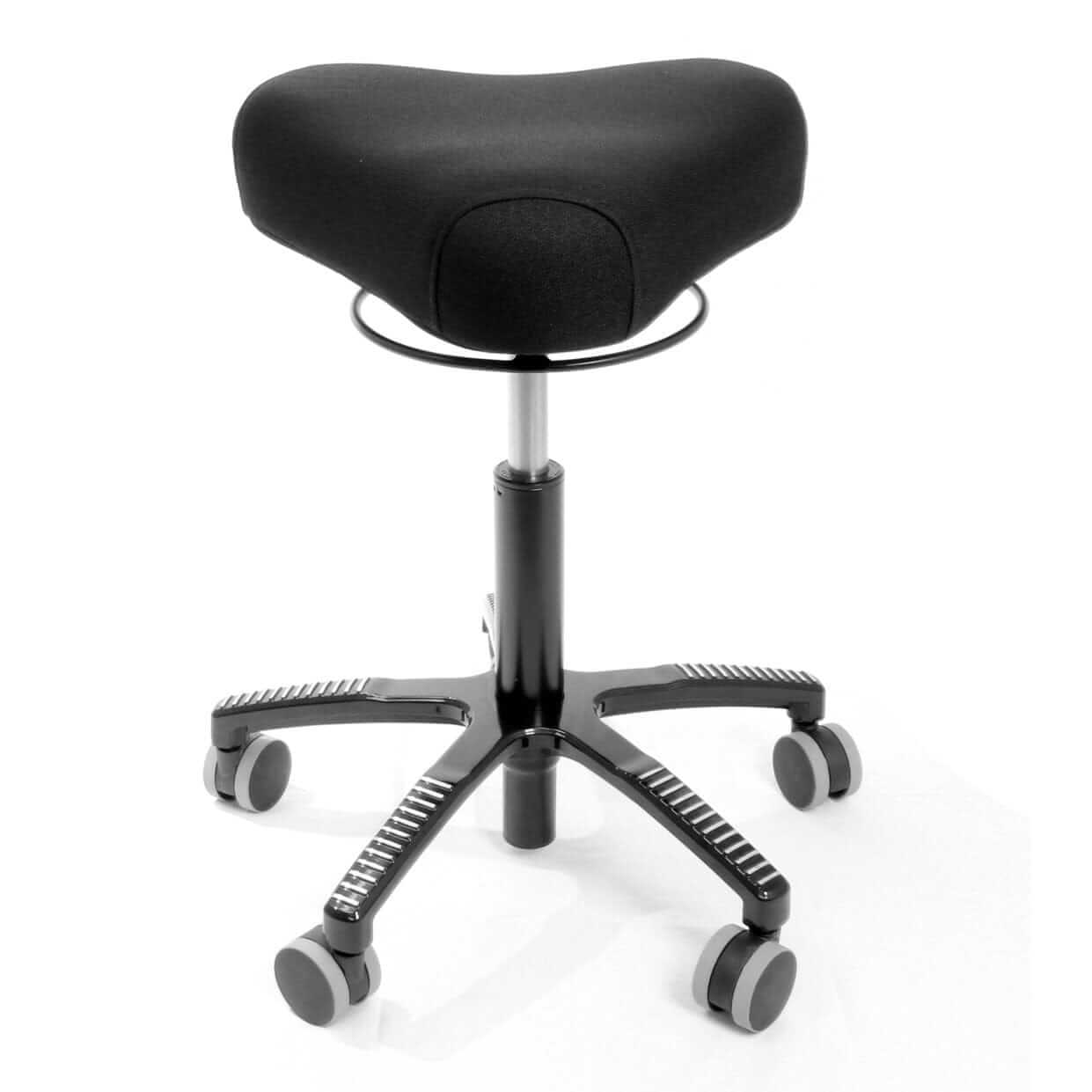 Bermuda chair with black soft-cushion seat and triangular design on a rolling aluminum base for ergonomic comfort.