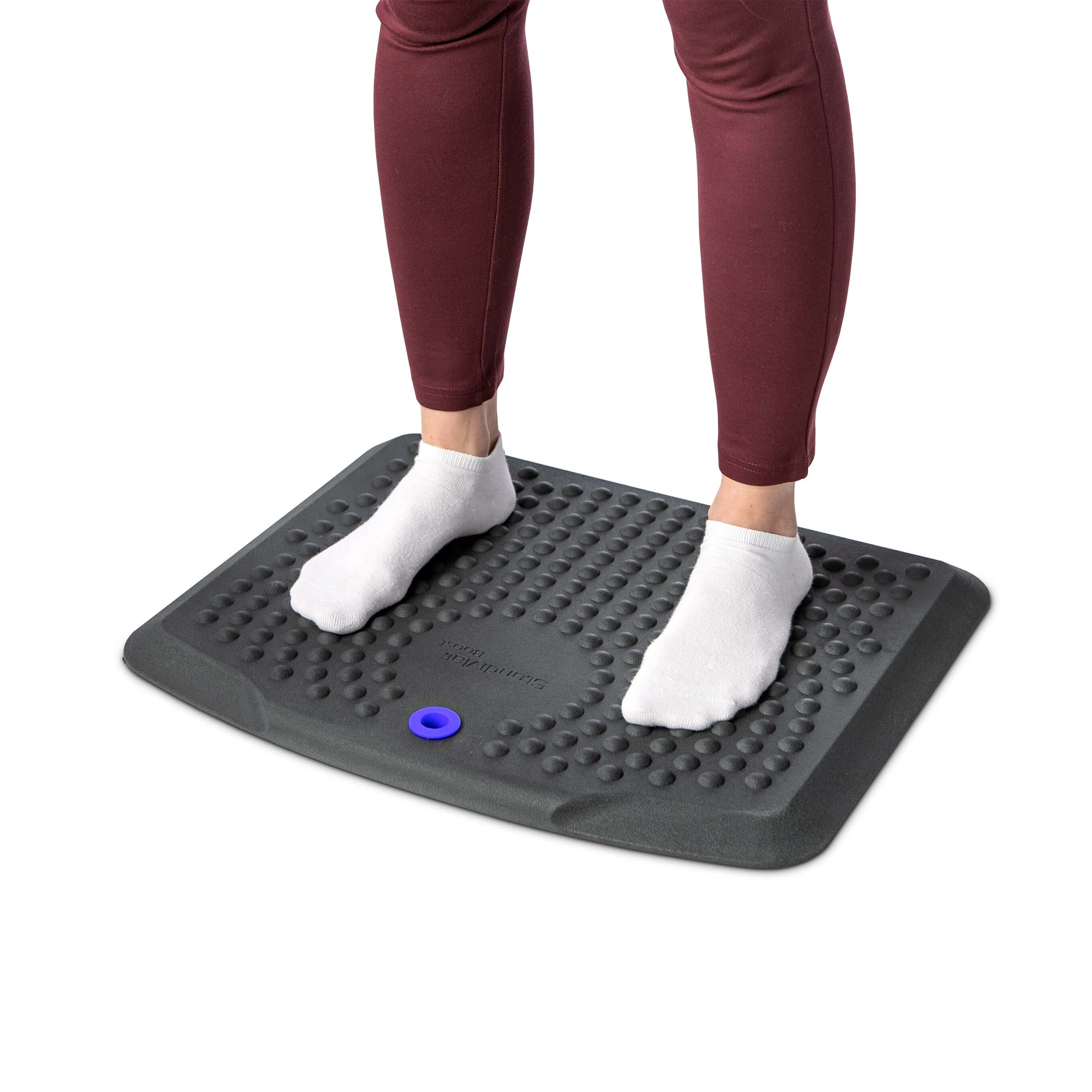 StandMat Boost workstation mat with bubble-patterned surface for ergonomic support and improved blood circulation.