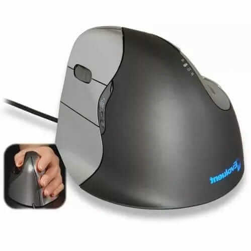 Evoluent V4 Vertical Mouse Left Wired with ergonomic design and precise laser sensor for comfortable hand positioning.