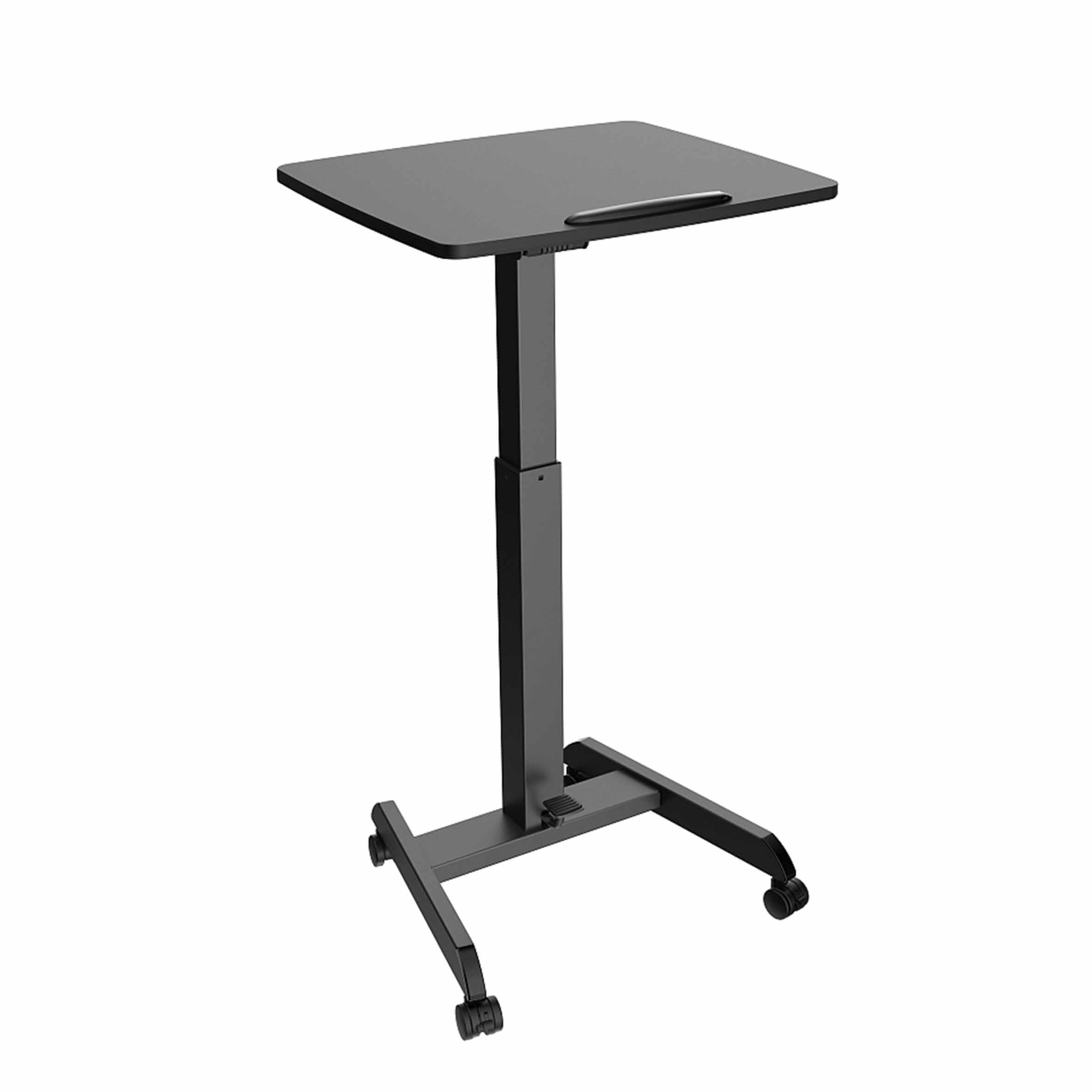 Black GetUpDesk Tilt adjustable desk with gas spring height adjustment, tilt options, and wheels, suitable for various settings.