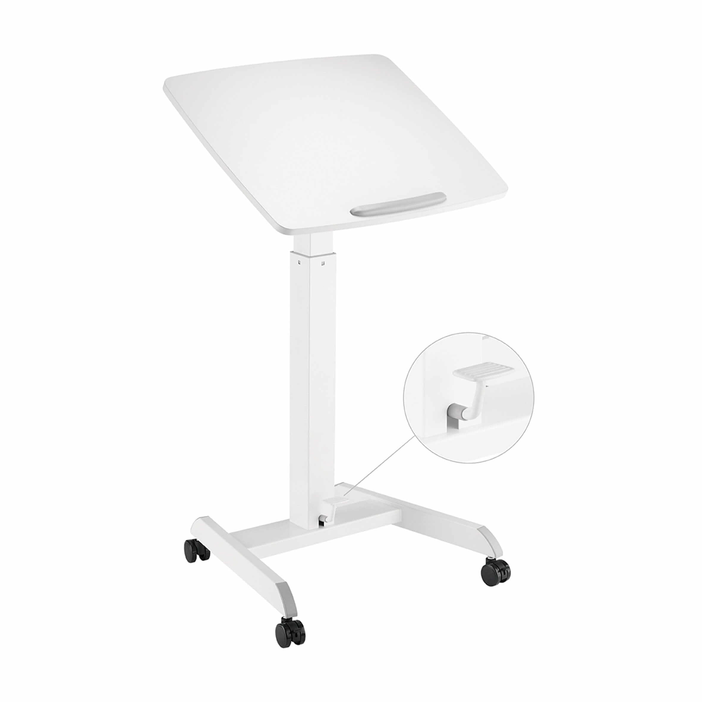 Adjustable white desk with tilt options, stopper, and lockable wheels. Ideal for work or home. GetUpDesk Tilt model in black.