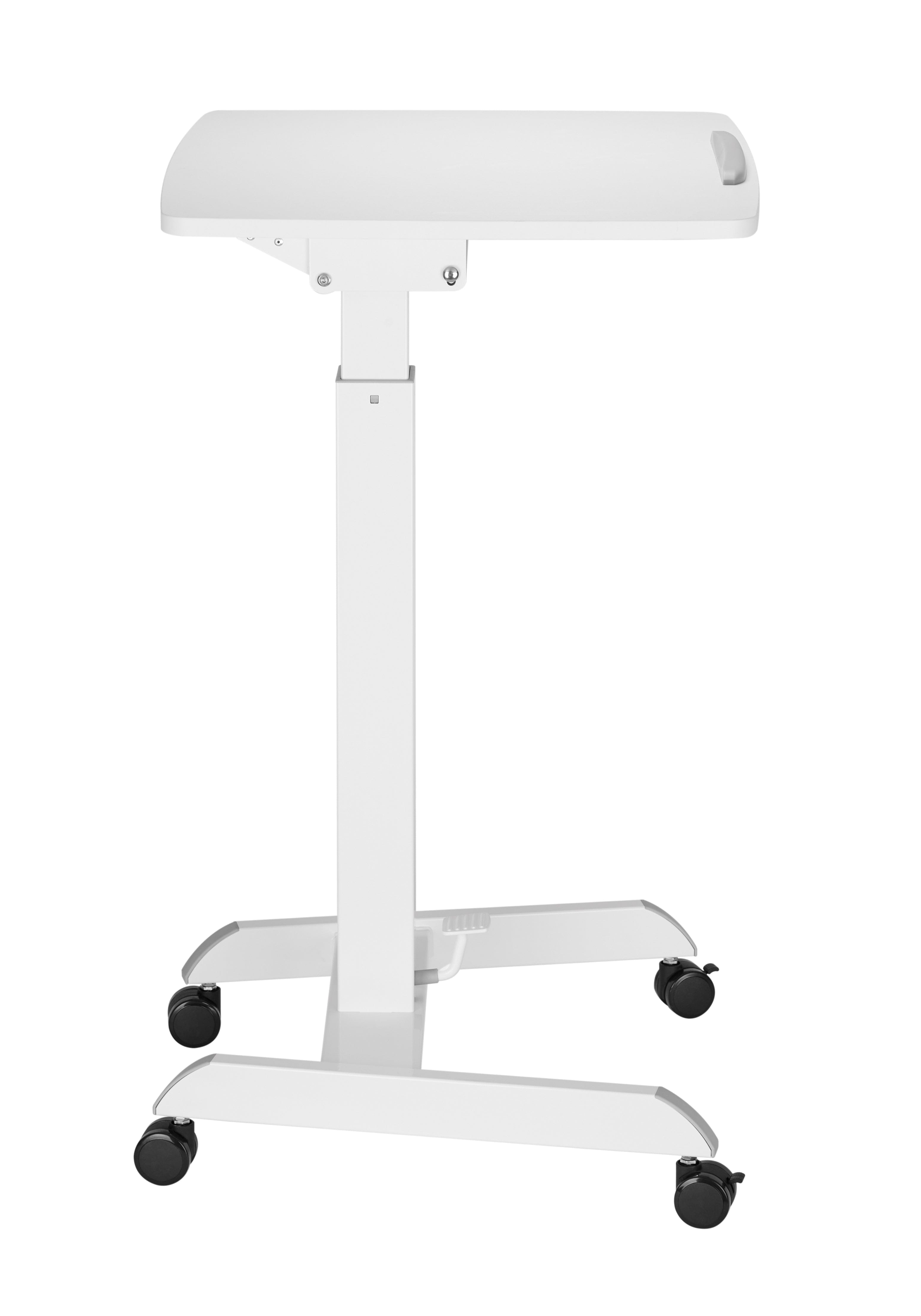 Black GetUpDesk Tilt adjustable desk with gas spring height adjustment and tilt options, featuring lockable wheels and a stopper edge.