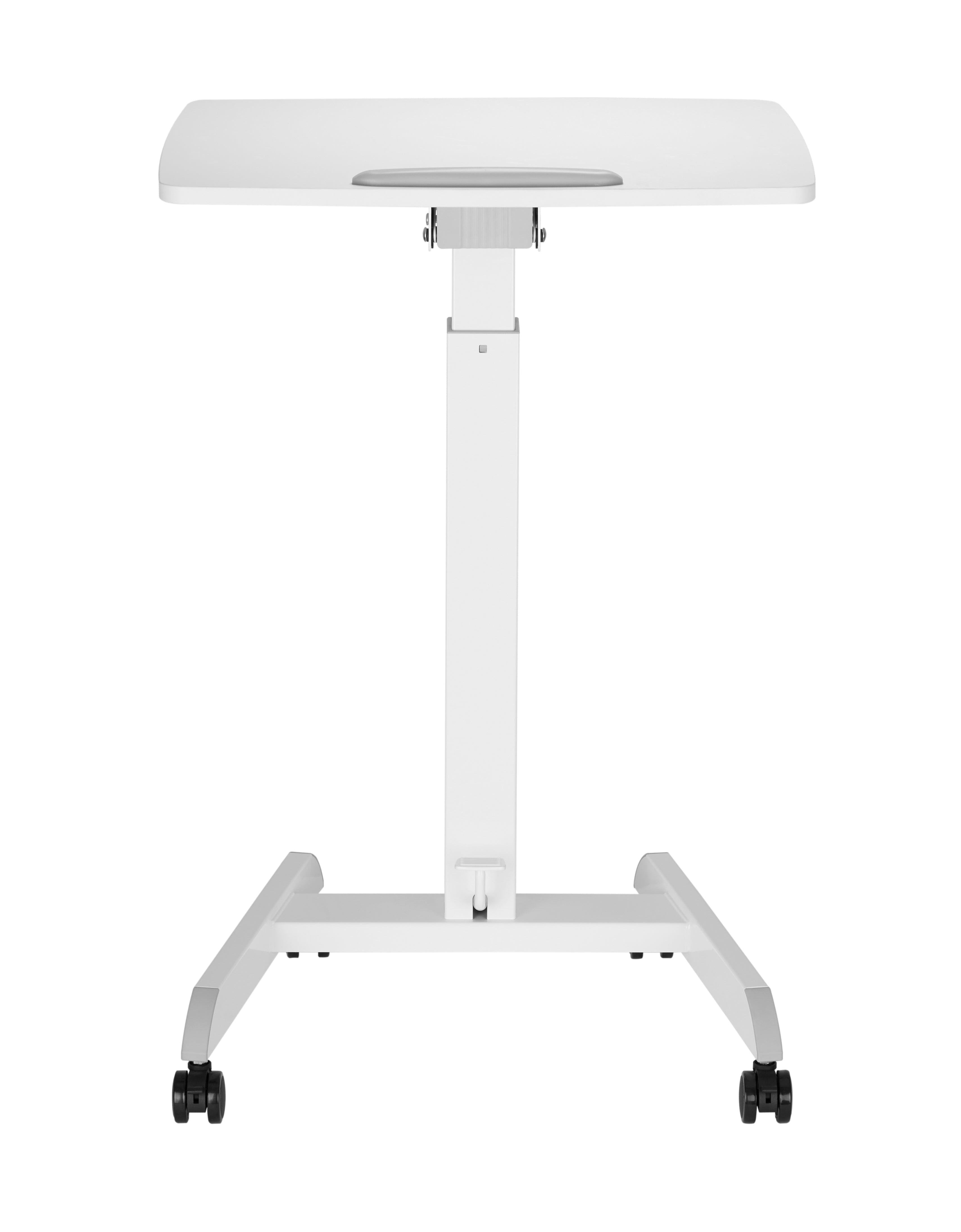 Adjustable GetUpDesk Tilt desk in black with wheels and tilt options, suitable for various environments, featuring a front edge stopper.