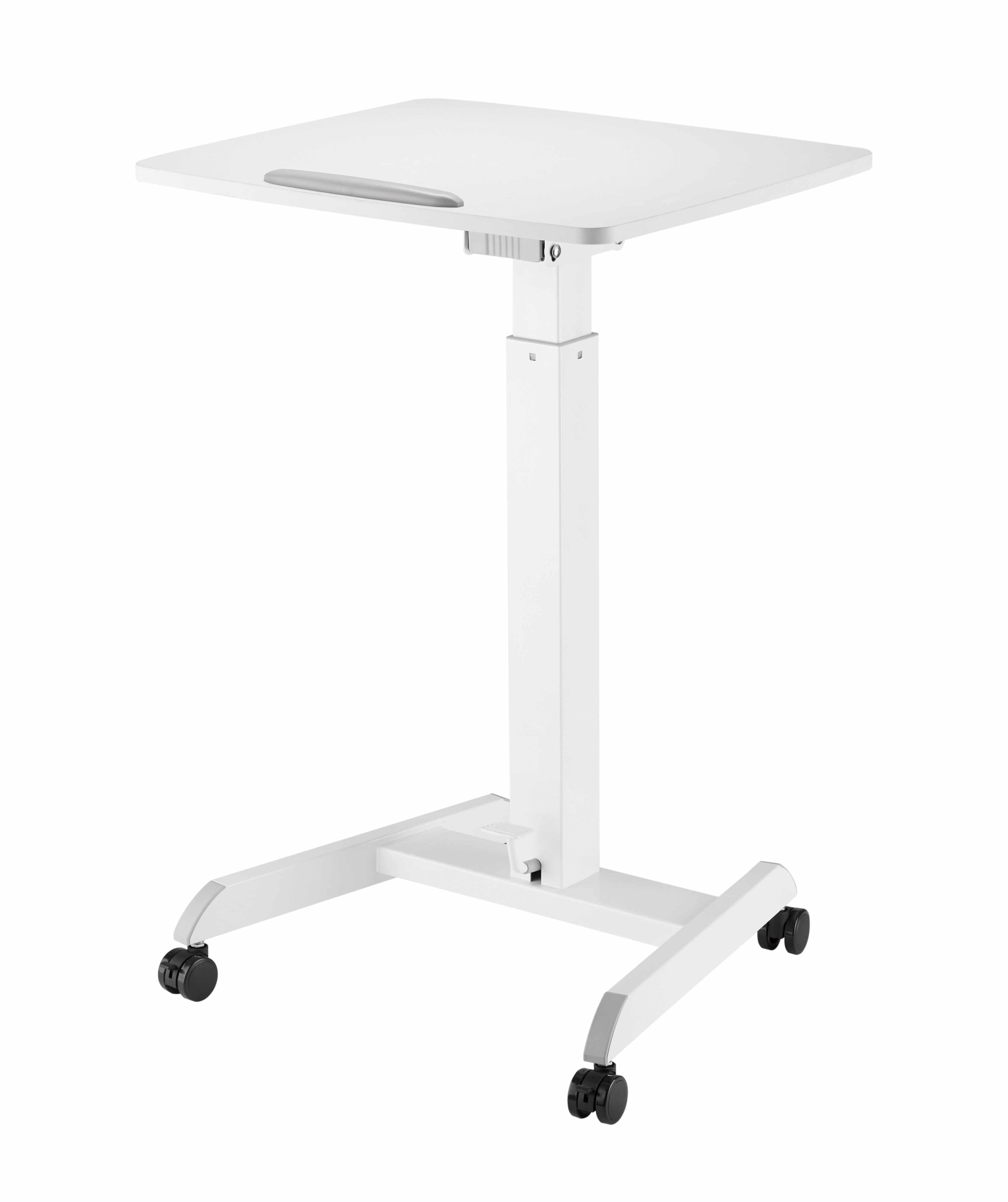GetUpDesk Tilt adjustable desk in black with gas spring height adjustment and tilt options, featuring wheels and item stopper.