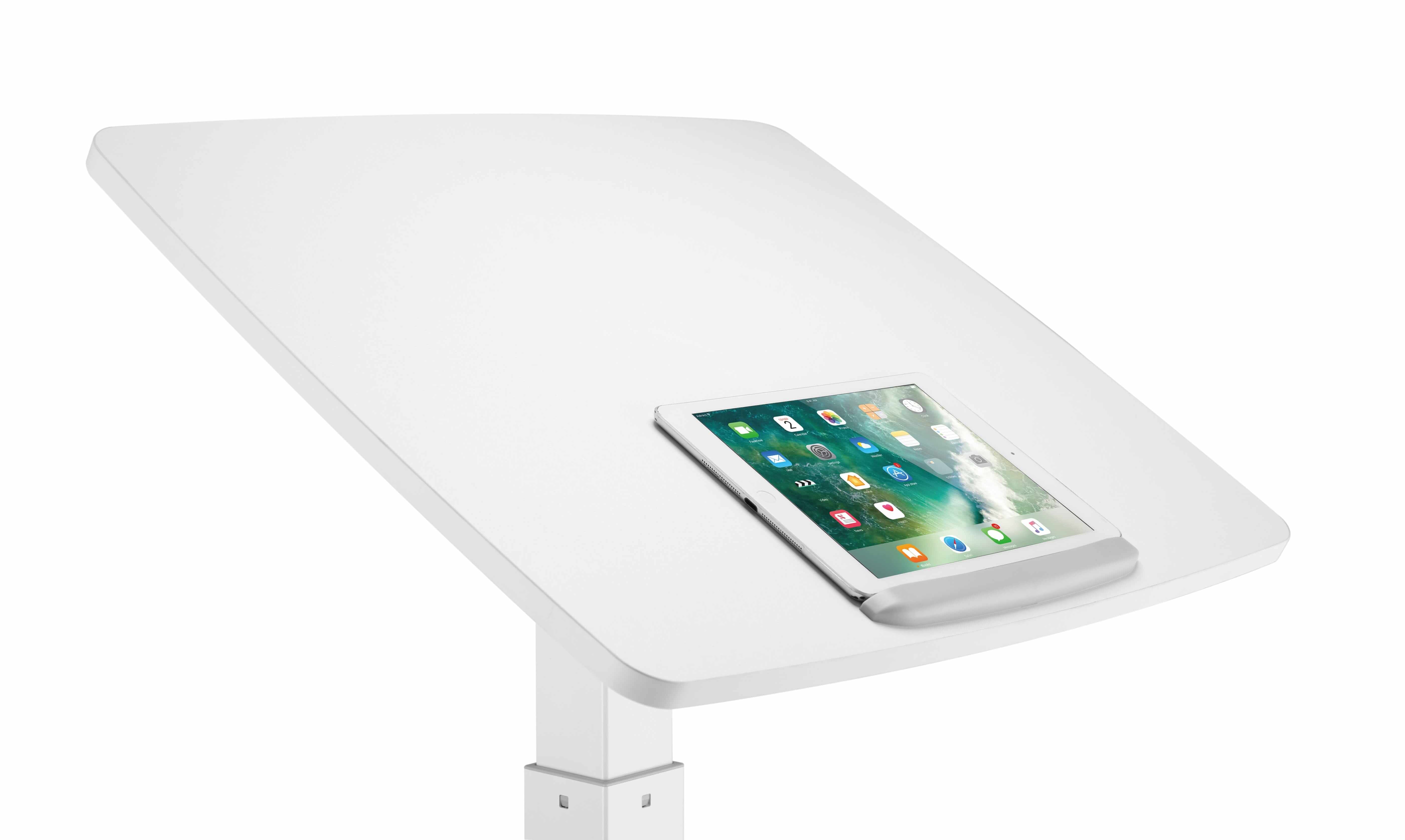 Adjustable desk with tablet stopper, showcasing tilt feature of GetUpDesk Tilt in black, ideal for office, home, and more.