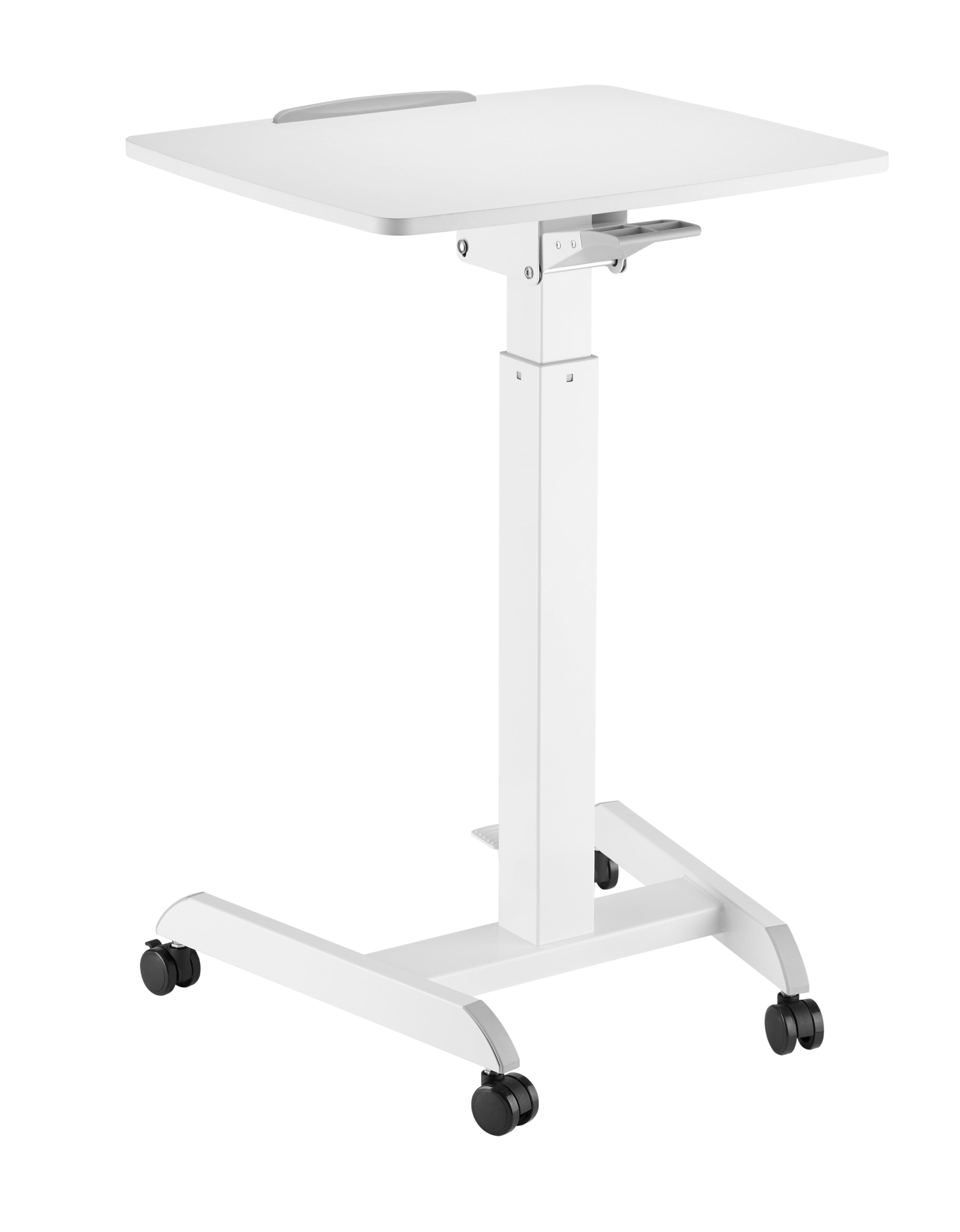 Adjustable GetUpDesk Tilt desk with wheels, gas spring height adjustment, and tilt options, perfect for home and office use.