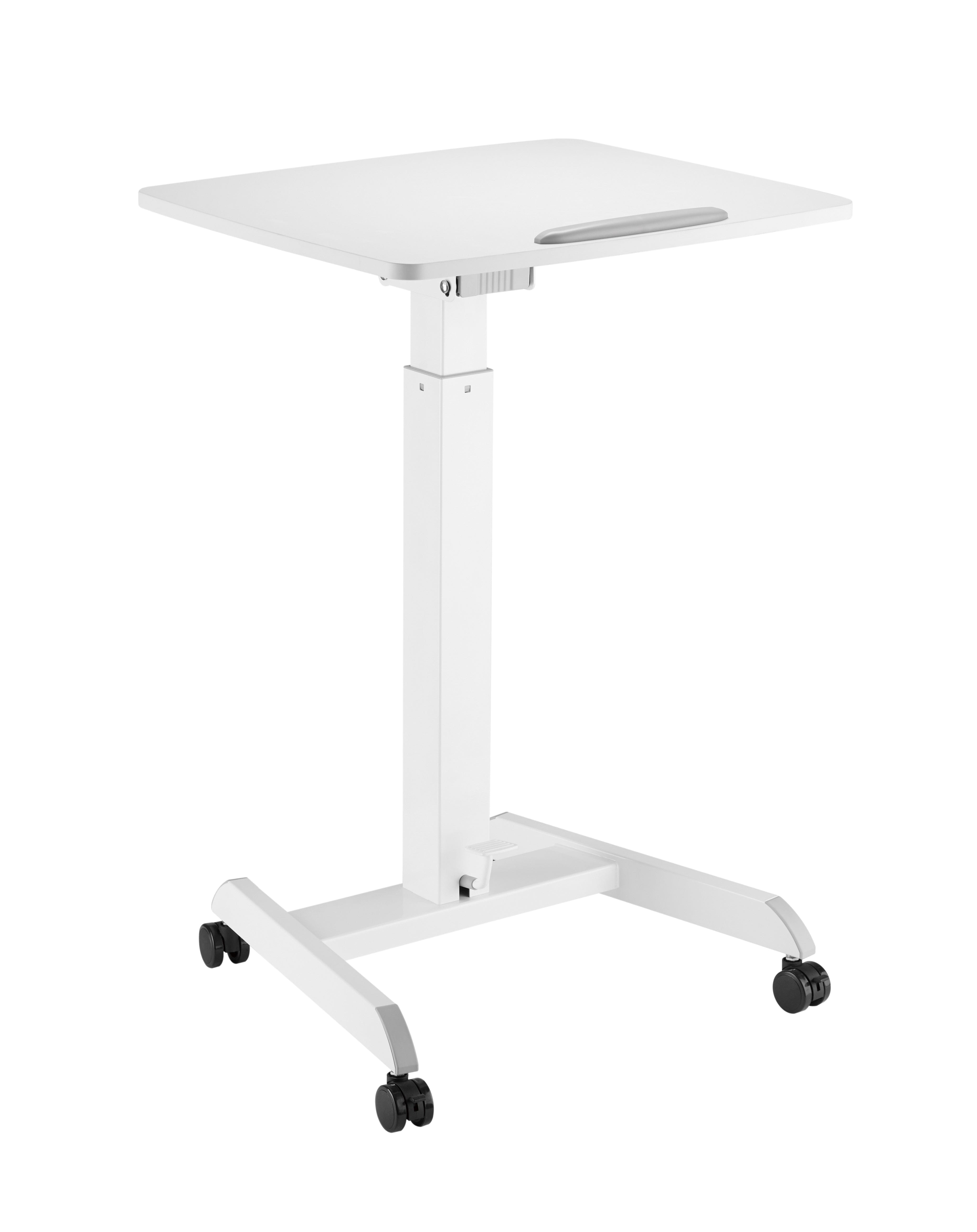 Adjustable GetUpDesk Tilt desk in black with gas spring height adjustment, tilt options, stopper, and wheels, ideal for versatile use.
