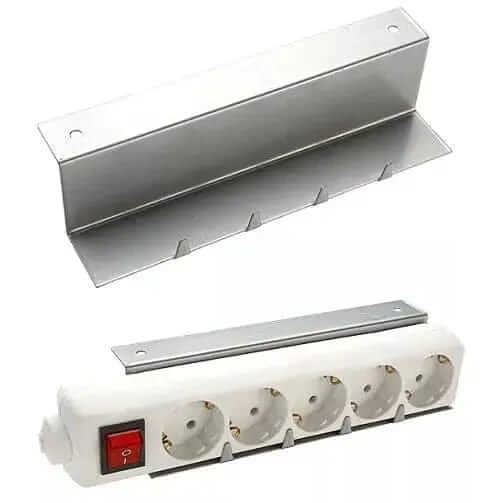 Silver under-table distribution box holder with power strip slots.
