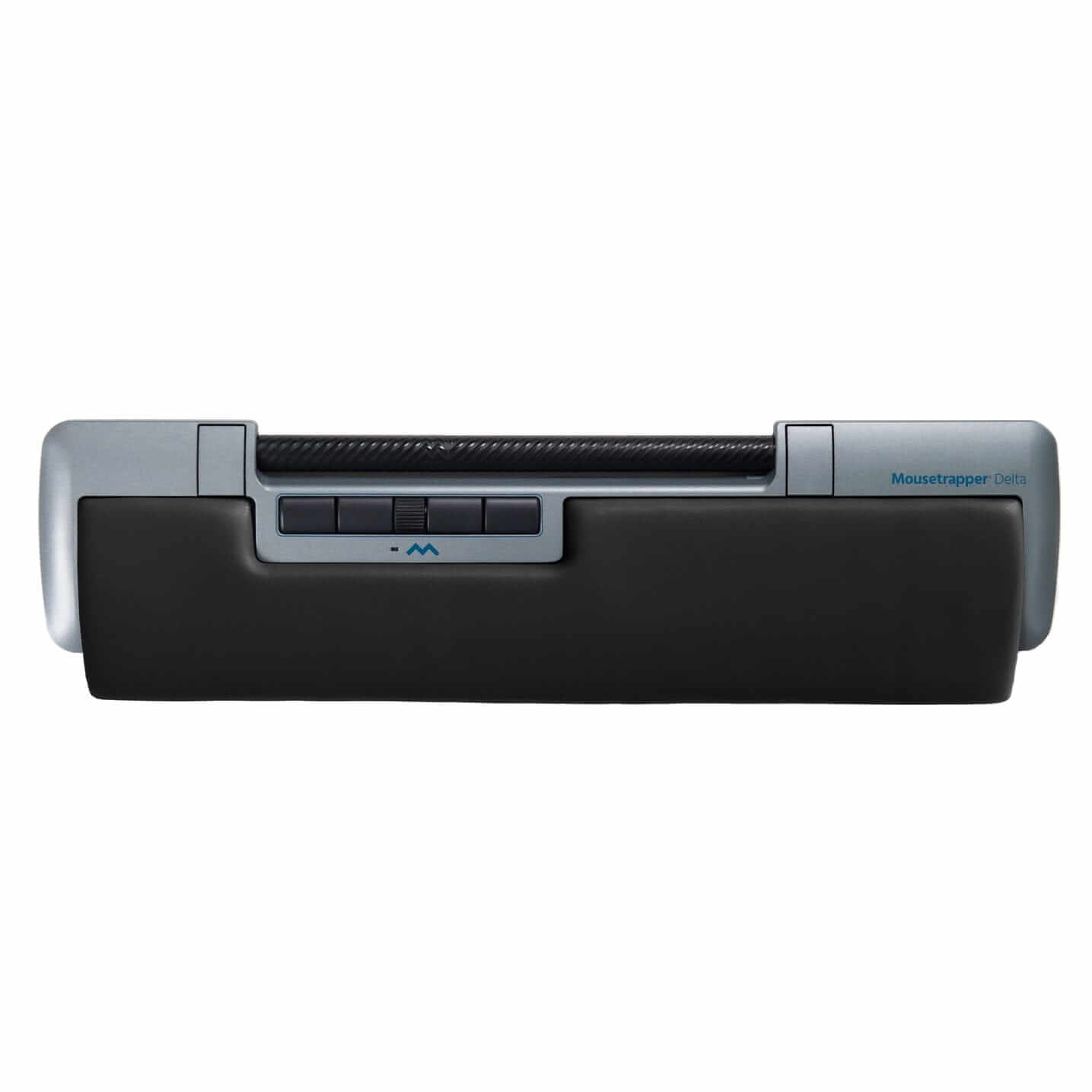 Mousetrapper Delta Extended in grey with ergonomic design and 4000 dpi resolution, featuring six programmable buttons for custom shortcuts.