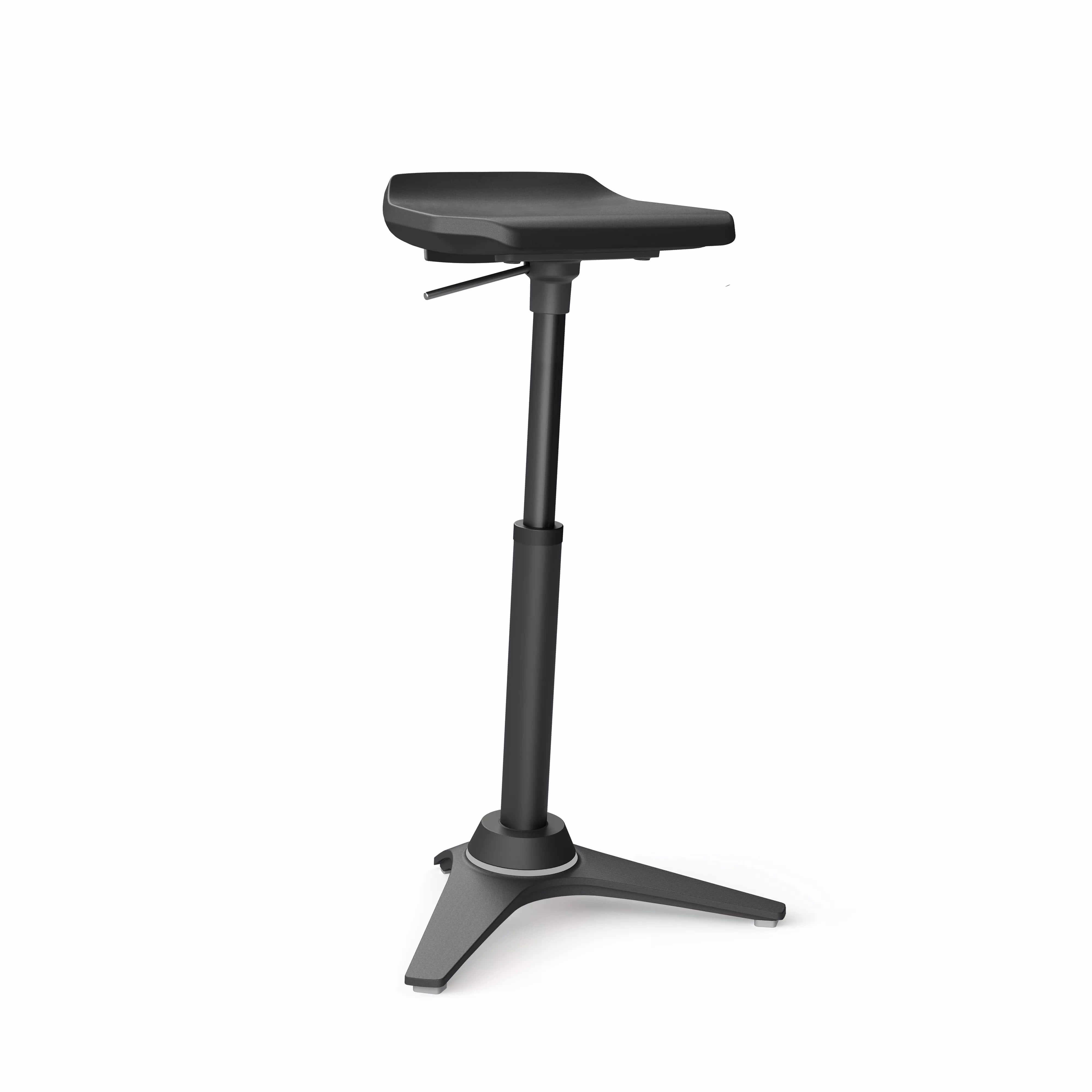 Muvman Industry active chair with high gas spring in black, designed for ergonomic standing support in industrial settings.